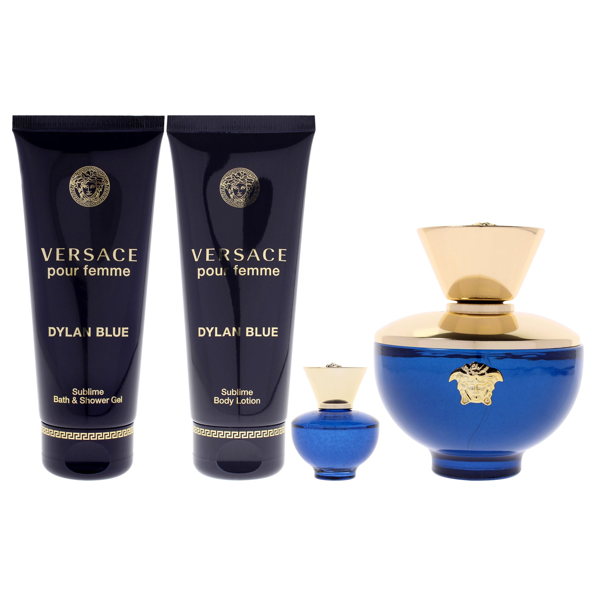 Dylan Blue by Versace for Women - 4 Pc Gift Set 3.4oz EDP Spray, 0.17oz EDP Splash (Mini), 3.4oz Body Lotion, 3.4oz Bath and Shower Gel, Clear, alternate image number 1