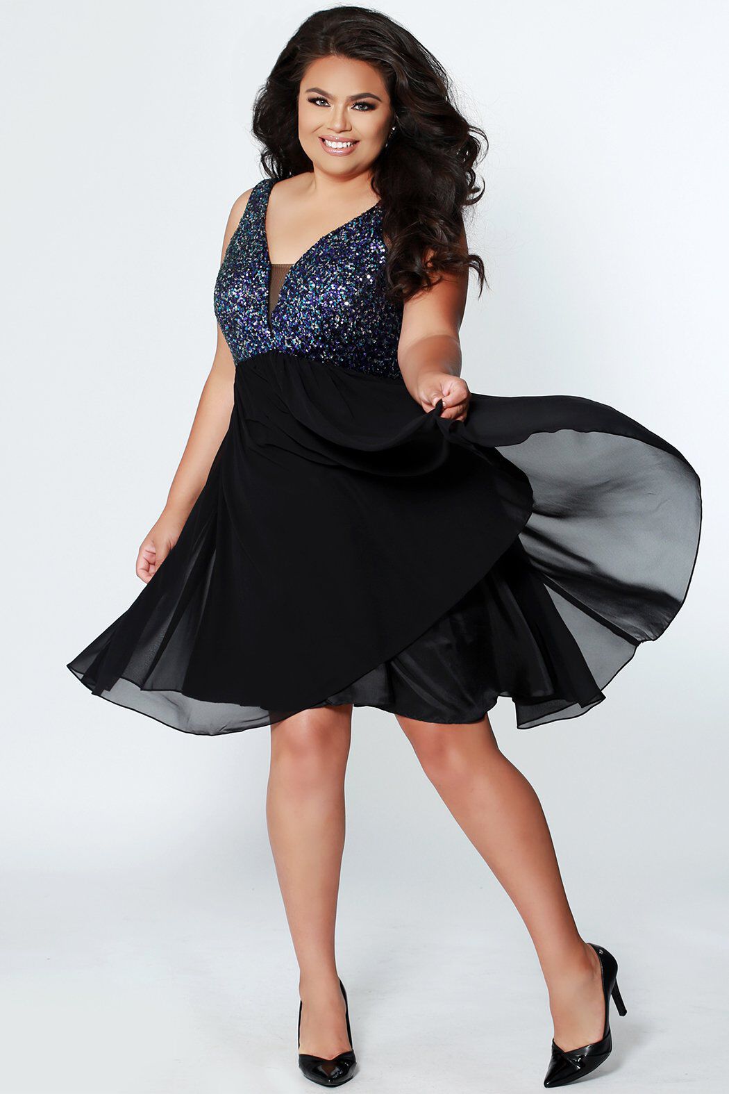 Shining Night Party Dress Multi Color Sequin Sequin and Black Chiffon Plus Size Empire Style Woman Within