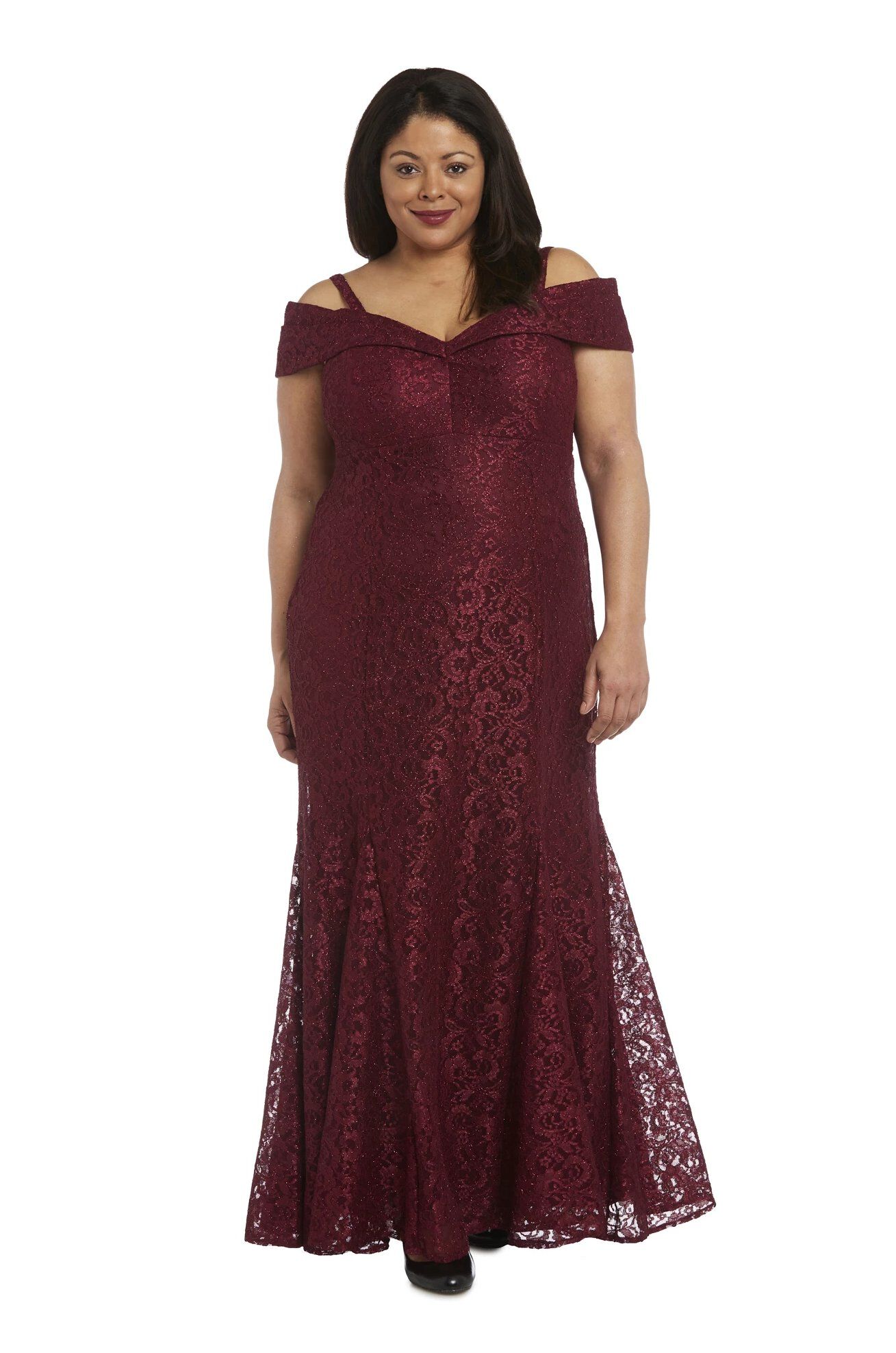 Shimmer-Lace Fishtail Off-Shoulder Gown, Merlot, hi-res image number 0