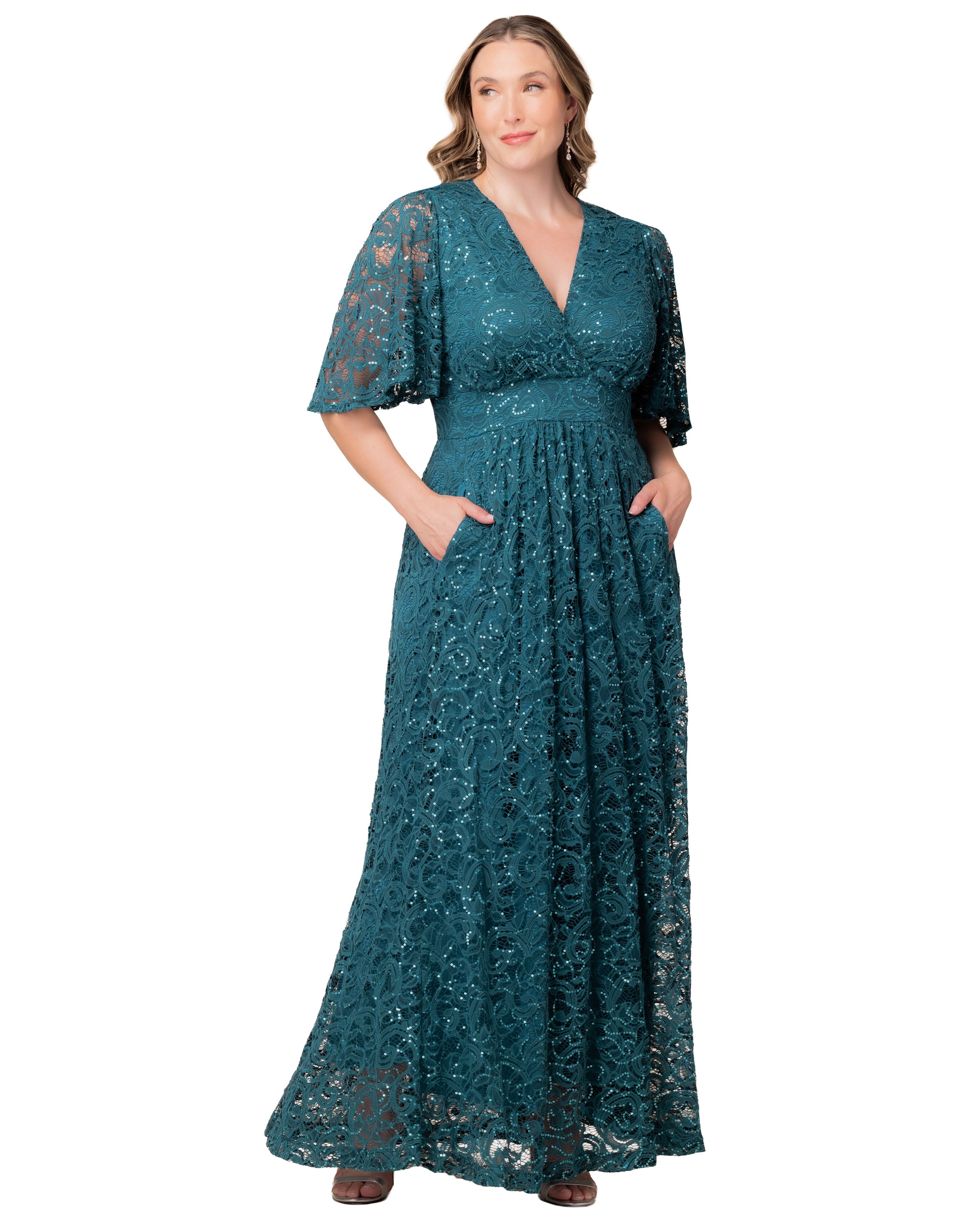 Luminous Sequin Lace Evening Gown, TEAL TOPAZ / Teal, hi-res image number 0
