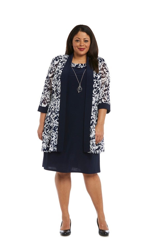 Two-Piece Puff Print Jacket Dress - Plus, Navy/White, hi-res image number null