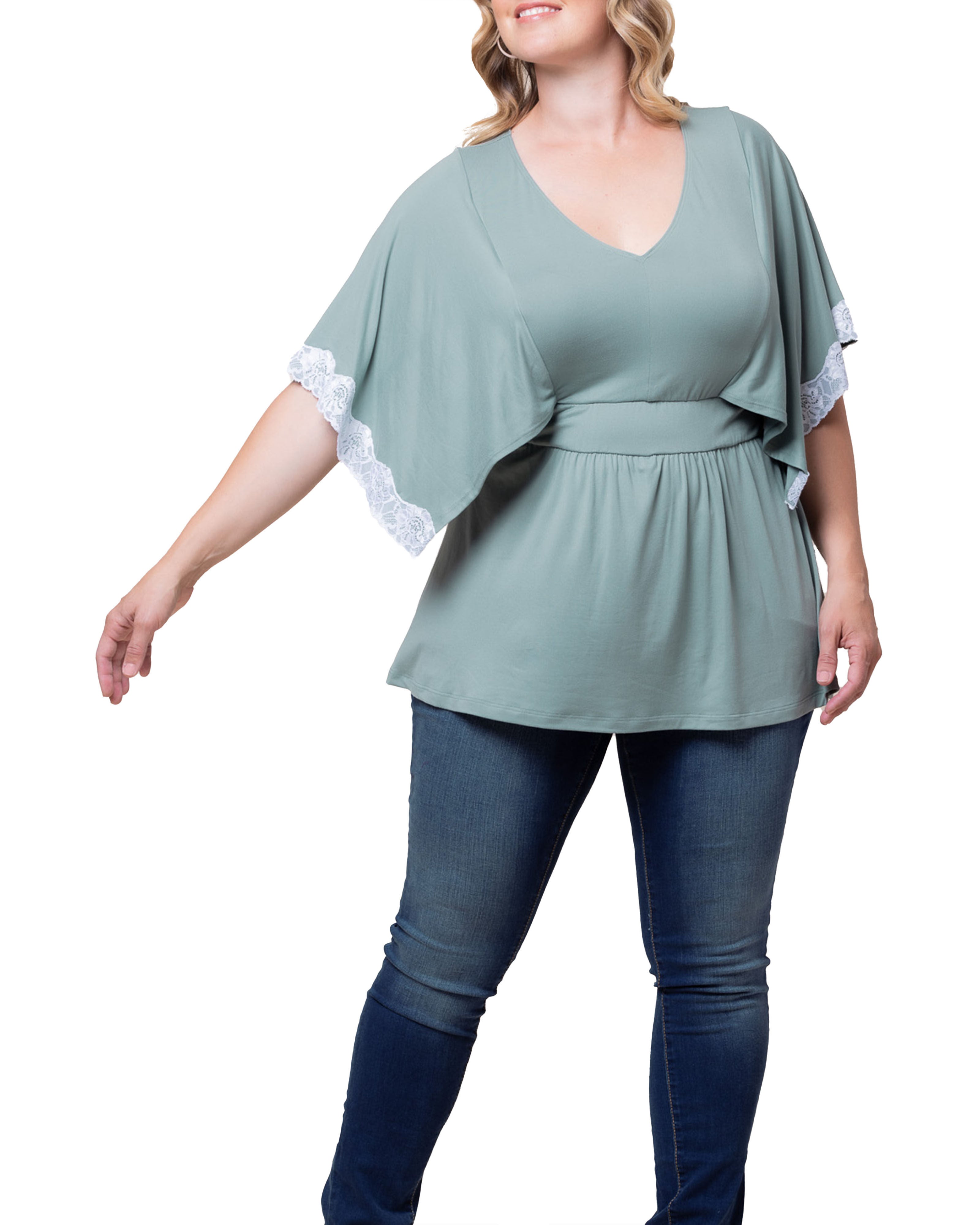 Sarah Lace Trim V-Neck Top, THYME / Sage Green, hi-res image number 0