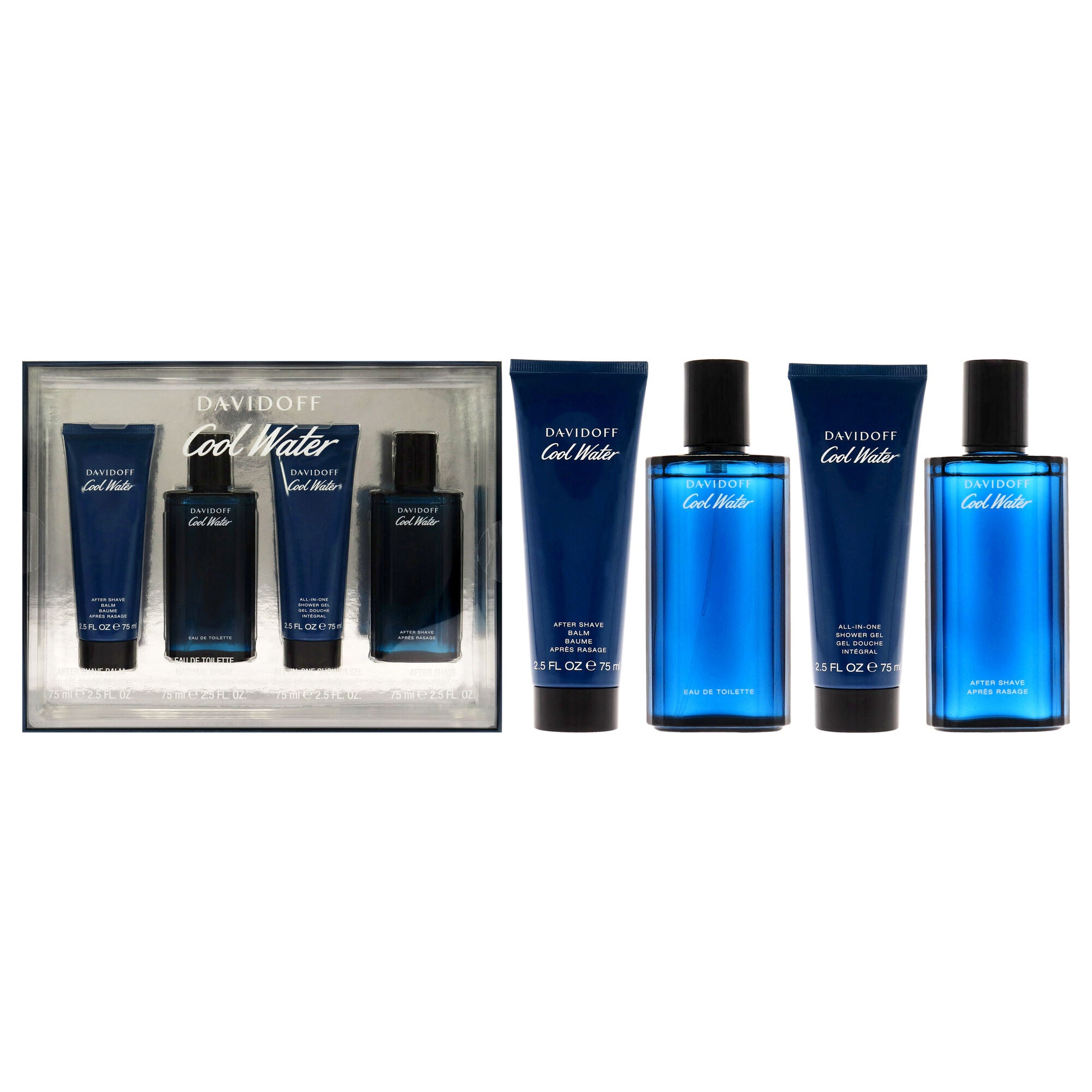 Cool Water by Davidoff for Men - 4 Pc Gift Set 2.5oz EDT Spray, 2.5oz After Shave Balm, 2.5oz Shower Gel, 2.5oz After Shave, Clear, hi-res image number 0