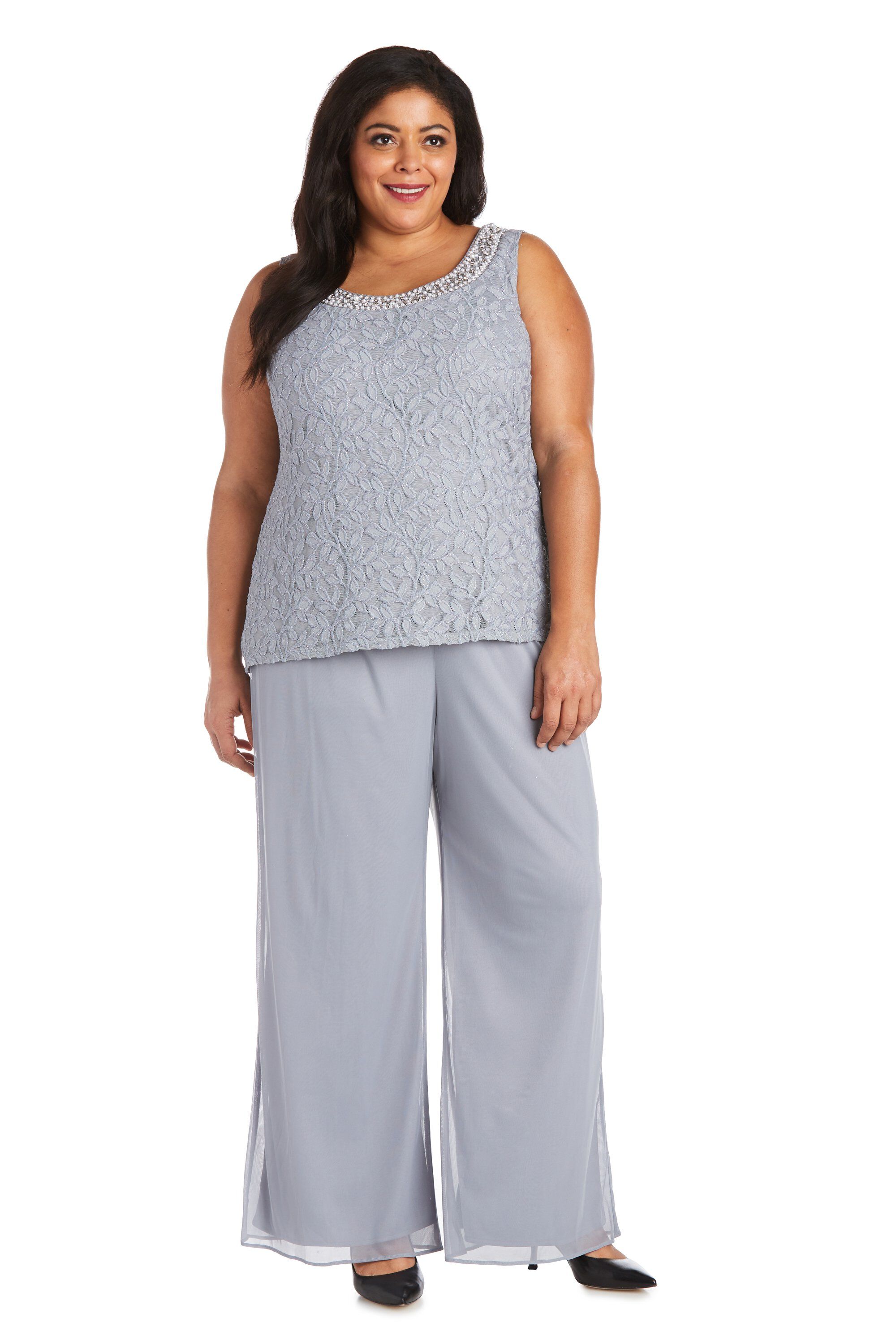 Three-Piece Duster Lace Pant Set with Pearl Detail and Sheer Cardigan, , alternate image number 2