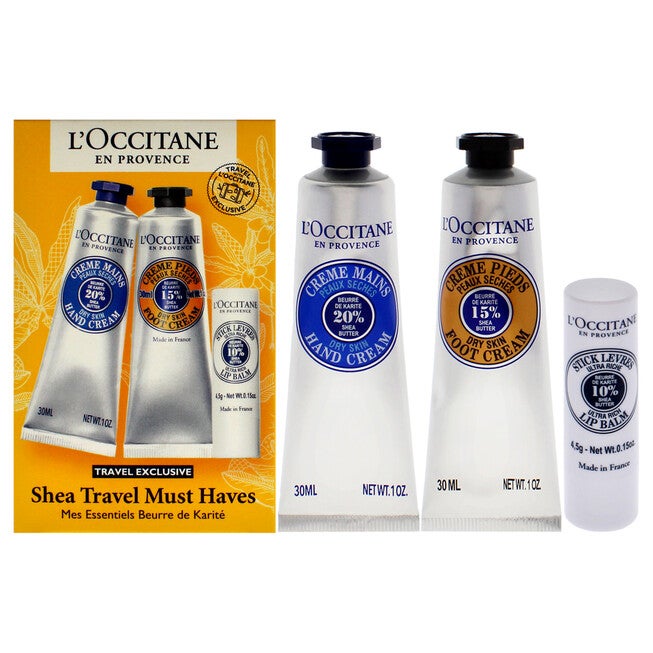 Shea Travel Must Haves Set by LOccitane for Unisex - 3 Pc 1oz Shea Dry Skin Hand Cream, 1oz Shea Dry Skin Foot Cream, 0.15oz Shea Butter Lip Balm, See Description, hi-res image number 0