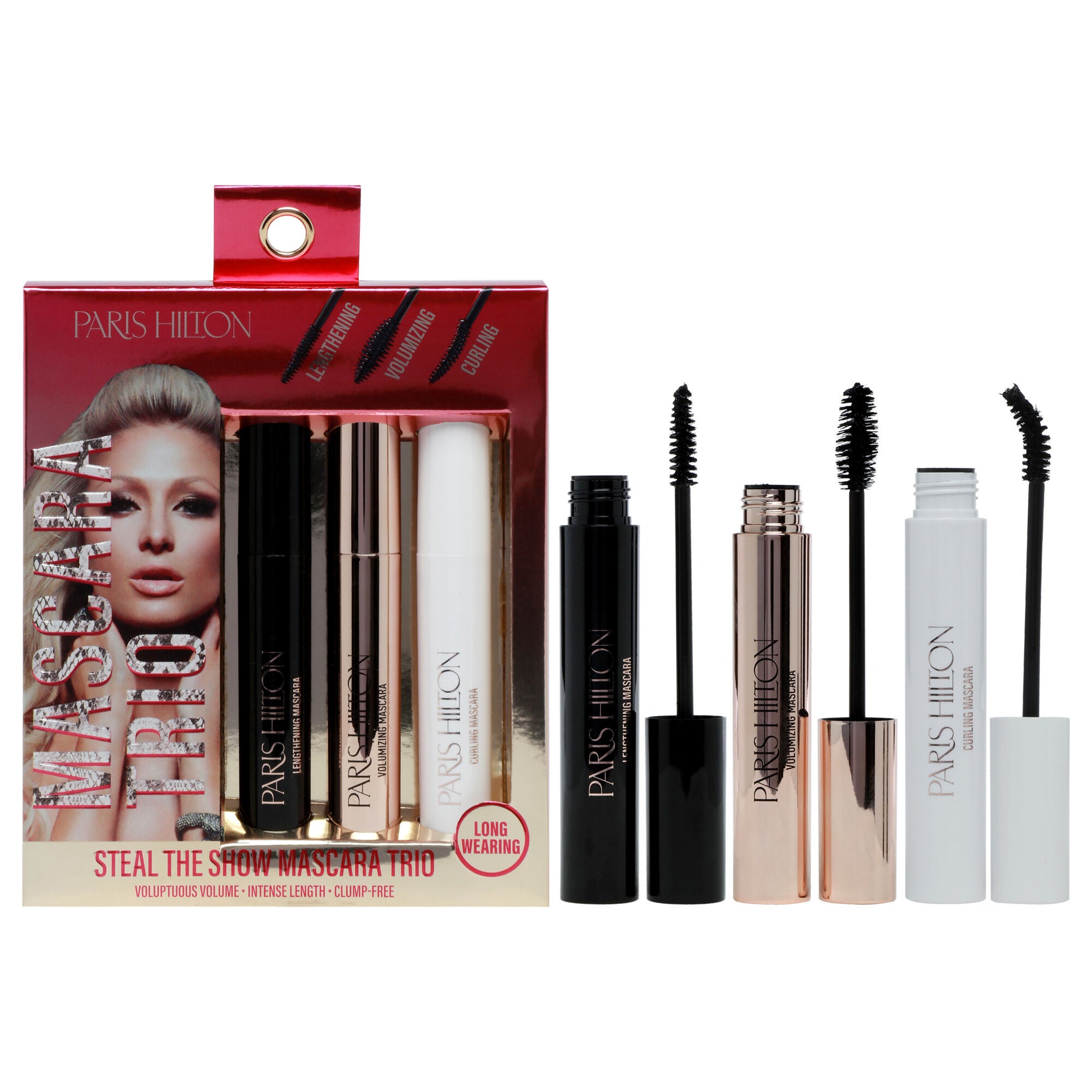 Steal The Show Mascara Trio by Paris Hilton Cosmetics for Women - 3 Pc 0.27oz Lengthening Mascara, 0.27oz Volumizing Mascara, 0.27oz Curling Mascara, See Description, hi-res image number 0