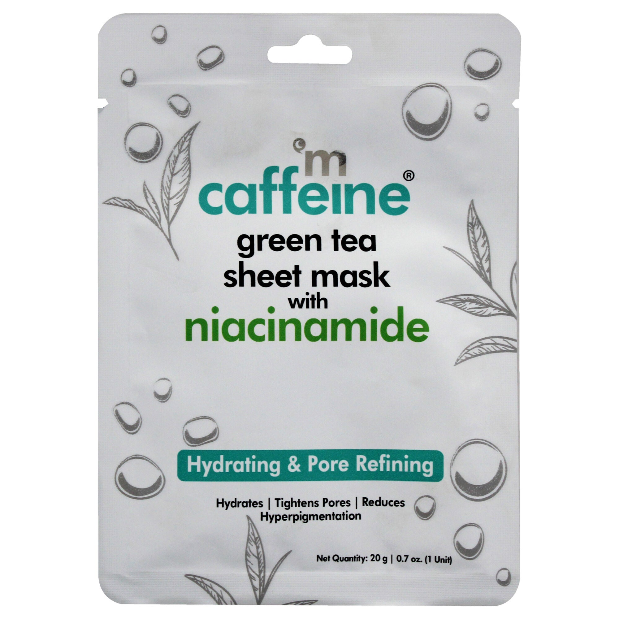 Green Tea Sheet Mask with Niacinamide by mCaffeine for Unisex - 0.7 oz Mask, See Description, hi-res image number 0