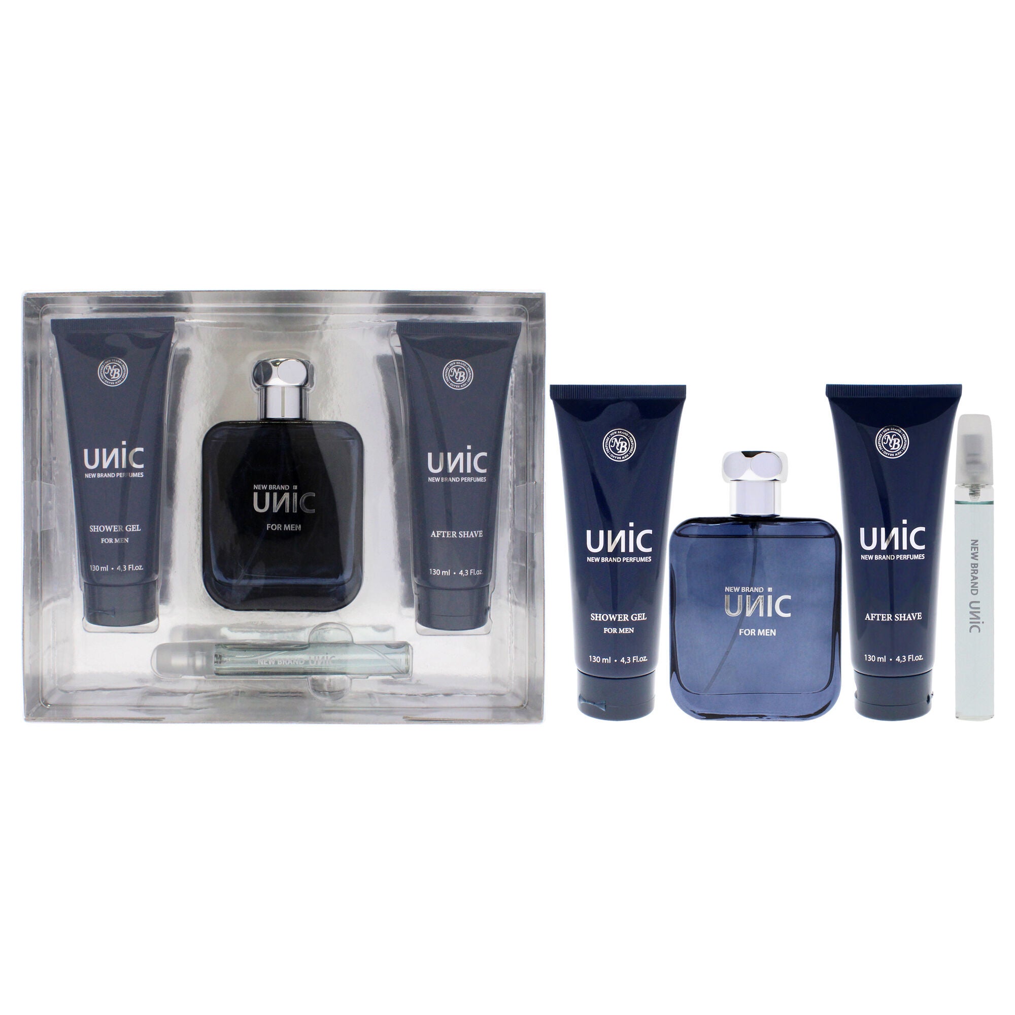 Unic by New Brand for Men - 4 Pc Gift Set 3.3oz EDT Spray, 0.5oz EDT Spray, 4.3oz Shower Gel, 4.3oz After Shave, See Description, hi-res image number 0