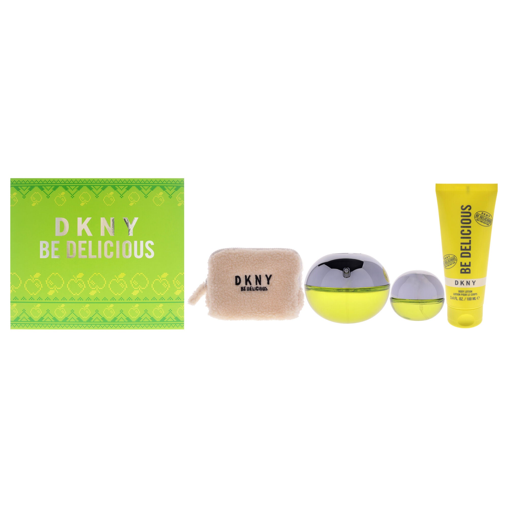 DKNY Be Delicious by Donna Karan for Women - 4 Pc Gift Set 3.4oz EDP Spray, 0.5oz EDP Spray, 3.4oz Body Lotion, Pouch, Light Green, hi-res image number 0