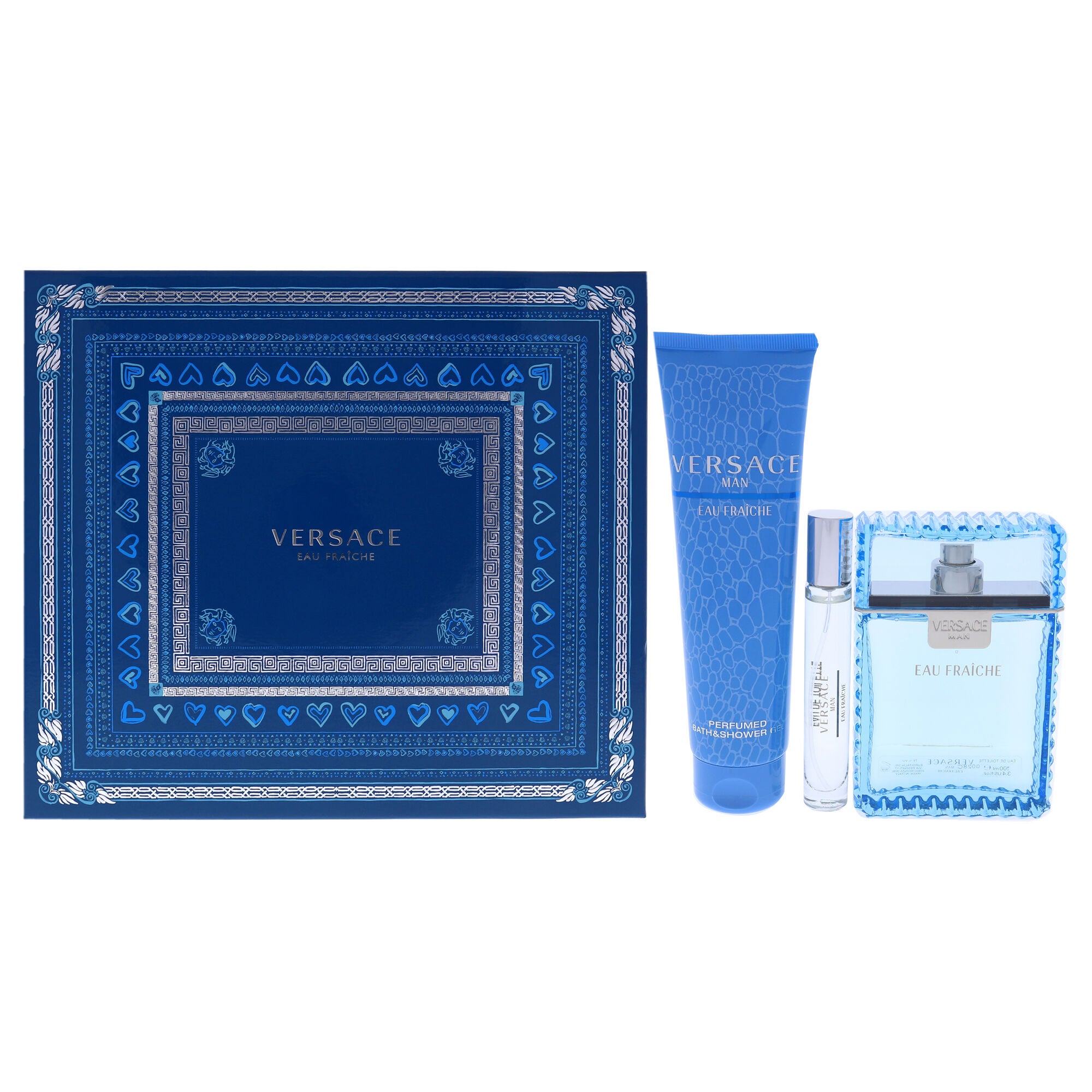 Versace Man Eau Fraiche by Versace for Men - 3 Pc Gift Set 3.4oz EDT Spray, 10ml EDT Spray, 5oz Bath and Shower Gel, See Description, hi-res image number 0