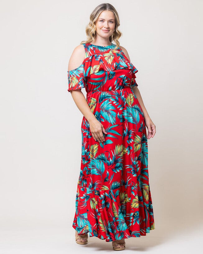 Piper Cold Shoulder Maxi Dress, Red Palm Print, alternate image number null