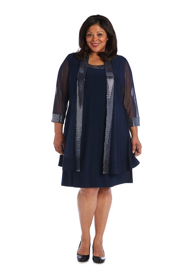 Dress and Jacket Set with Sheer Sleeves and Embellished Edges, Navy, hi-res image number null