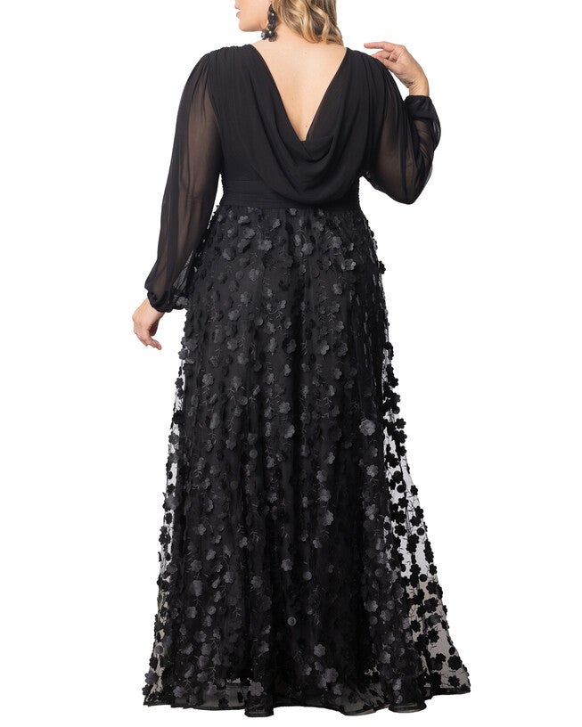 Blossoming Beauty Mesh Evening Gown, ONYX BLOSSOMS / Black, alternate image number 1