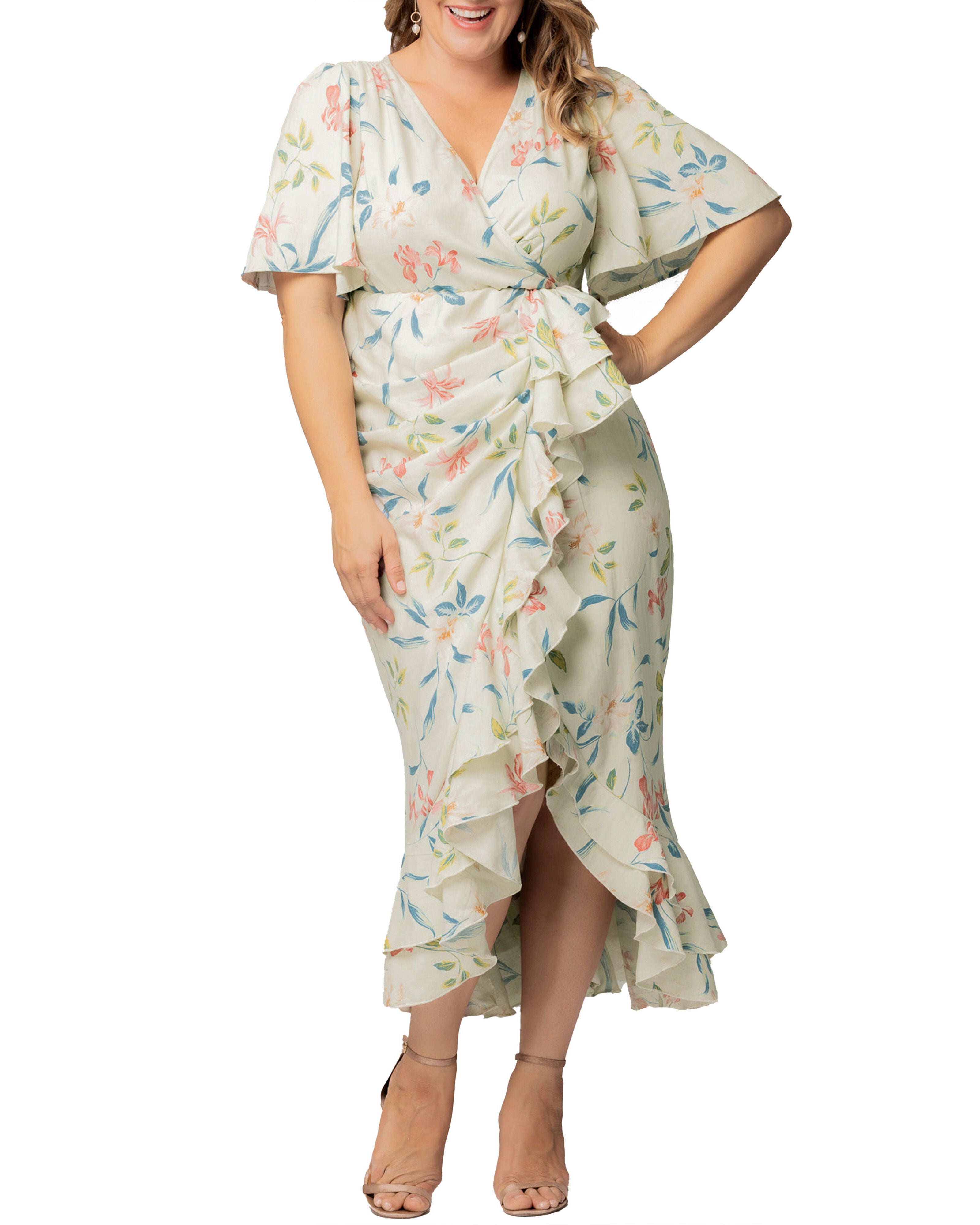Alexandra Ruffle Faux Wrap Gown, LUSH LILY PRINT / Light Green, hi-res image number 0