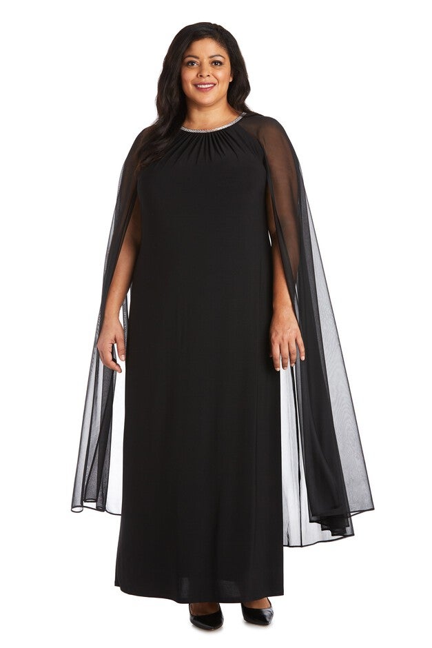 Floor Length Sheath Dress with Rhinestone Neckline and Sweeping Chiffon Cape - Plus, Black, hi-res image number null
