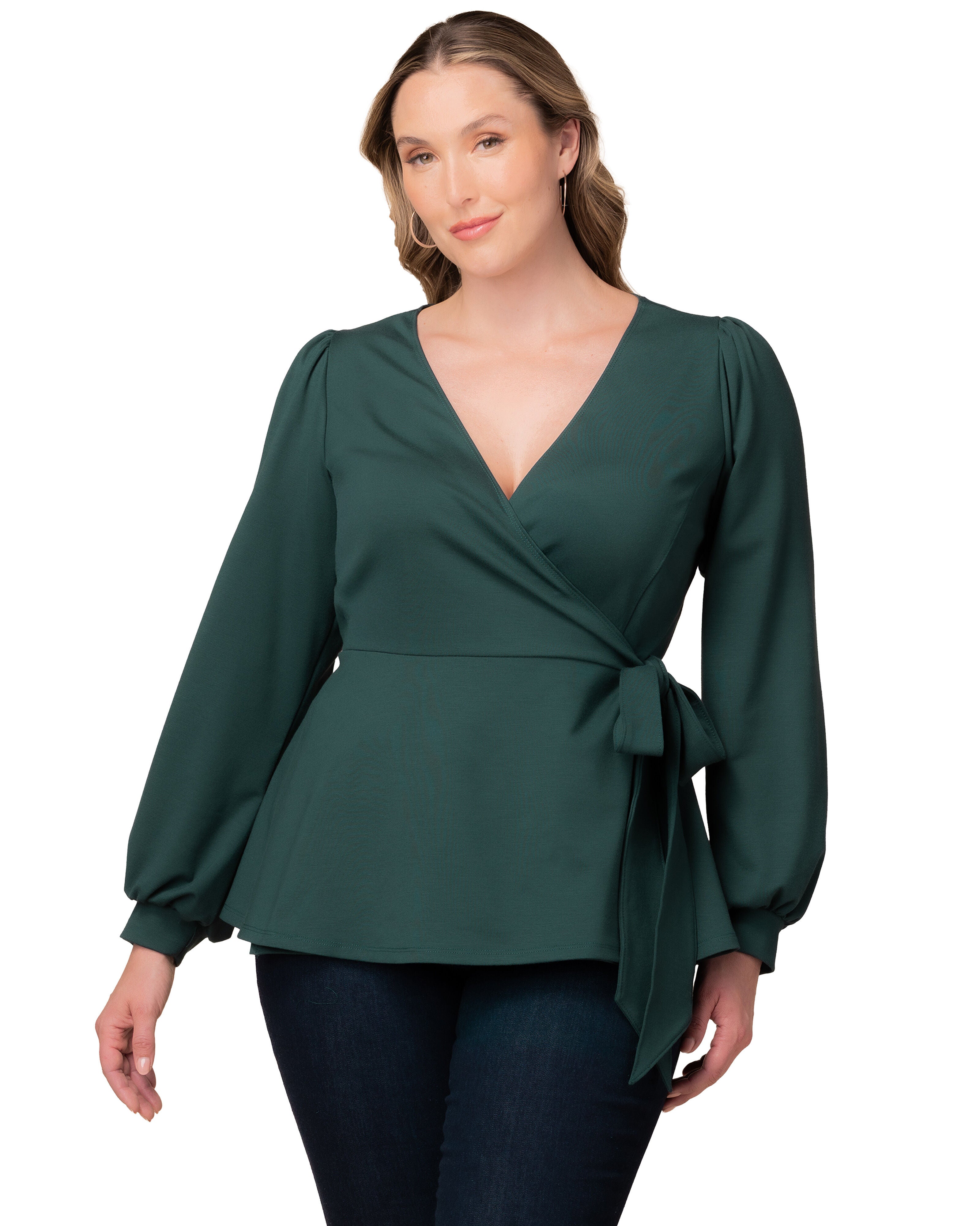 Natasha Long Sleeve Wrap Top, HUNTER GREEN / Hunter Green, hi-res image number 0
