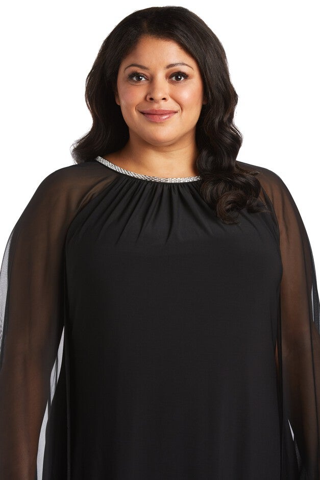Chiffon Dress with Rhinestone Neckline and Sheer Capelet - Plus, , alternate image number 2