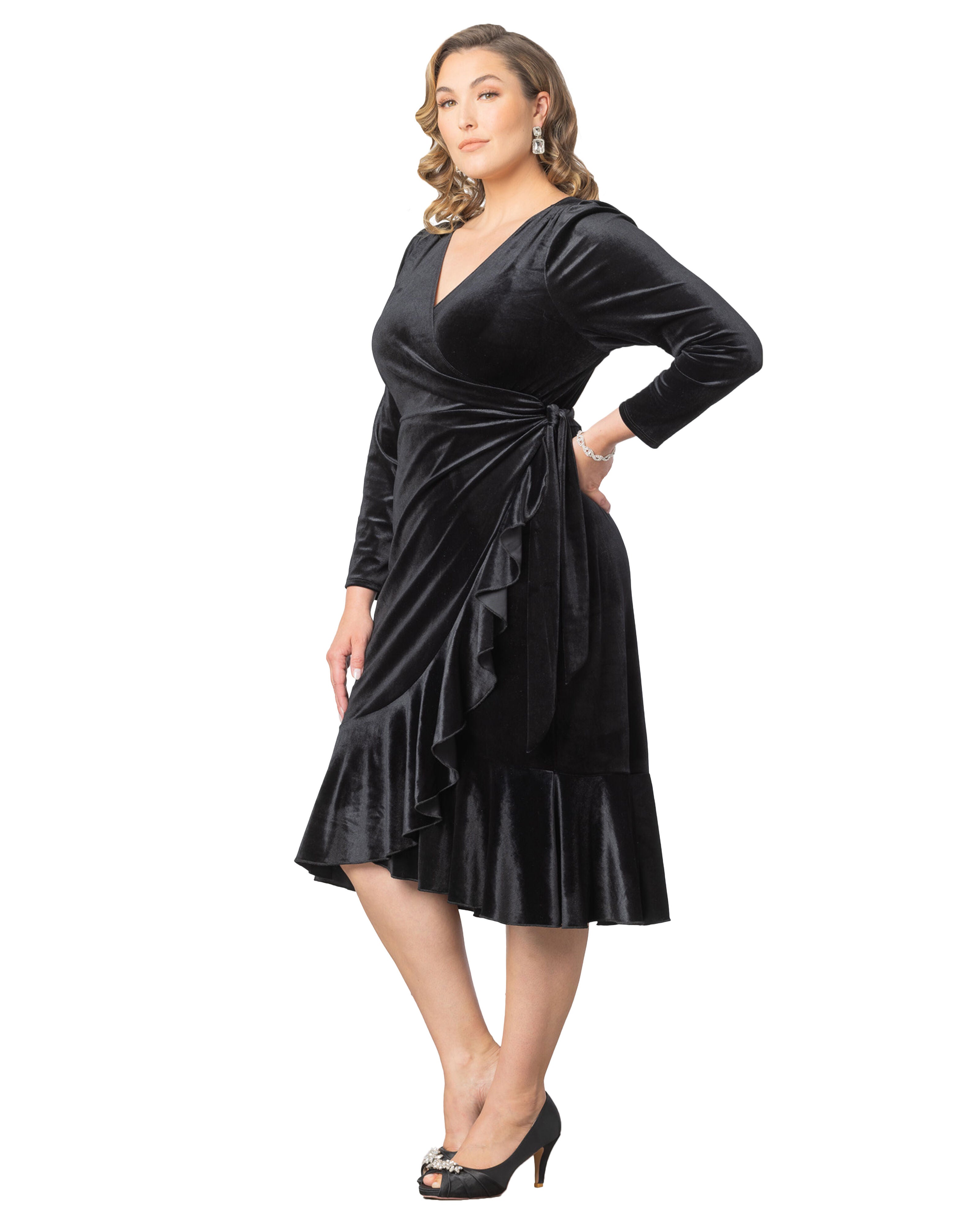 Viola Velvet Long Sleeve Wrap Dress, ONYX / Black, alternate image number 3