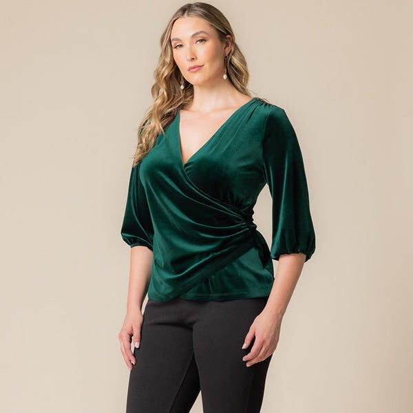 Odette Velvet Faux Wrap Top, Emerald Green, alternate image number 1