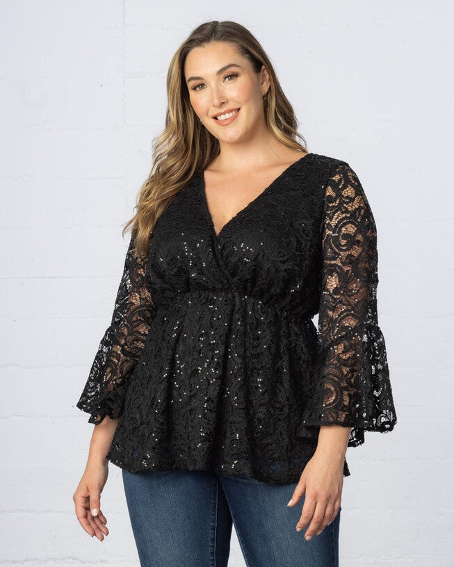 Sequin Sparkle Bell Sleeve Lace Top, Teal Topaz, alternate image number null