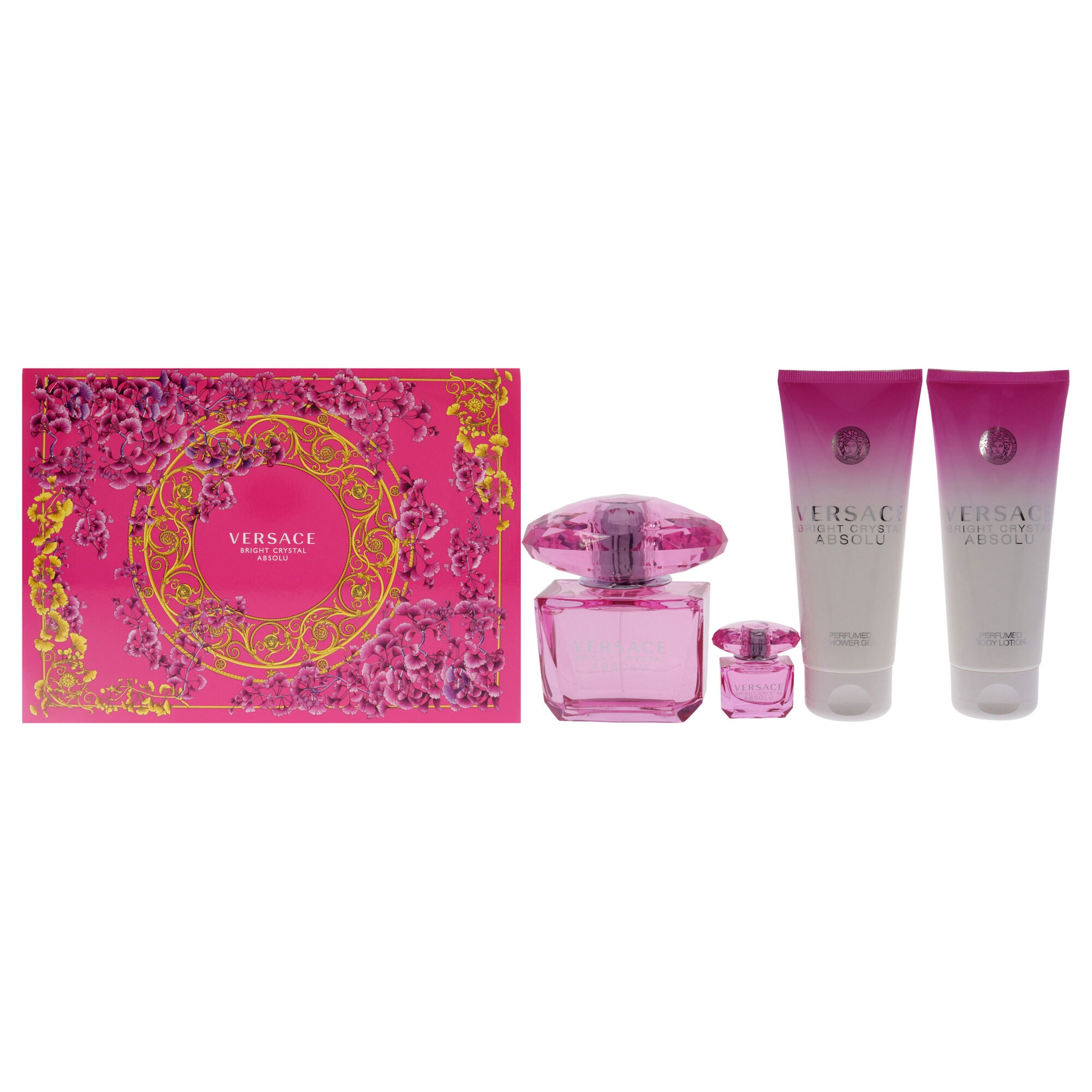 Bright Crystal Absolu by Versace for Women - 4 Pc Gift Set 3oz EDP Spray, 5ml EDP Spray Mini, 3.4oz Shower Gel, 3.4oz Body Lotion, See Description, hi-res image number 0