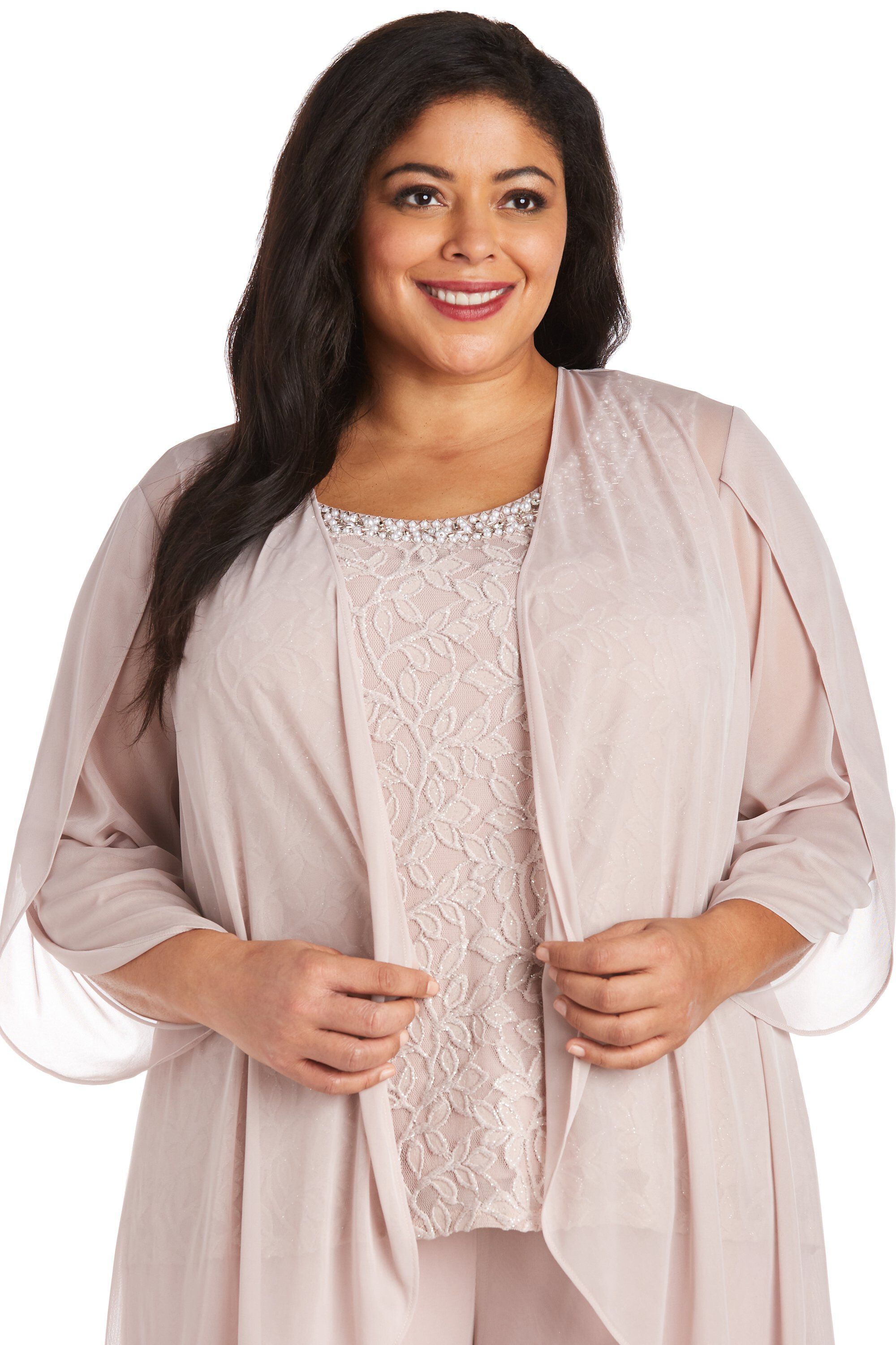 Three-Piece Duster Lace Pant Set with Pearl Detail and Sheer Cardigan, , alternate image number 4