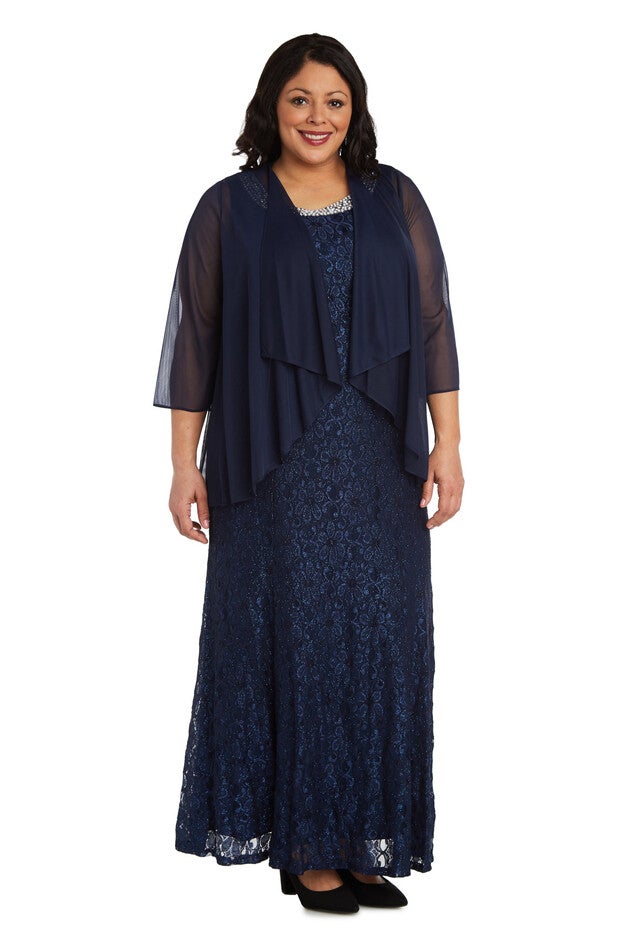 Long Flyaway Sheer Jacket Over Lace Aline Dress With Beaded Necklace, Navy, hi-res image number null