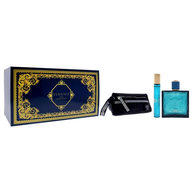 Versace Eros by Versace for Men - 3 Pc Gift Set 3.4oz EDT Spray, 10ml EDT Spray, Blue Trousse, , alternate image number null