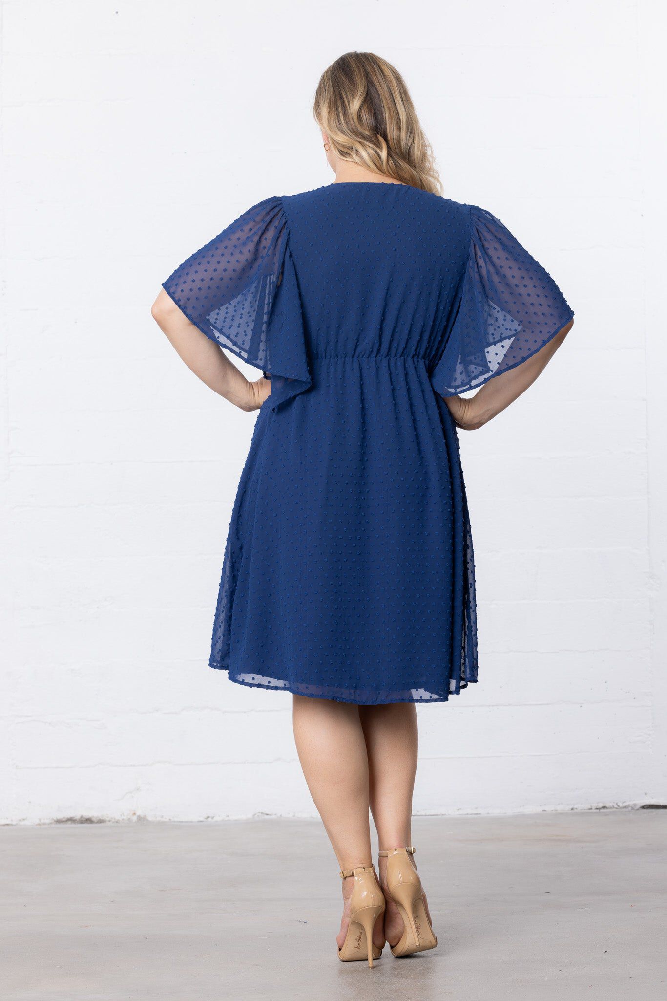 Florence Flutter Sleeve Dress, Denim Blue Dot, alternate image number 1