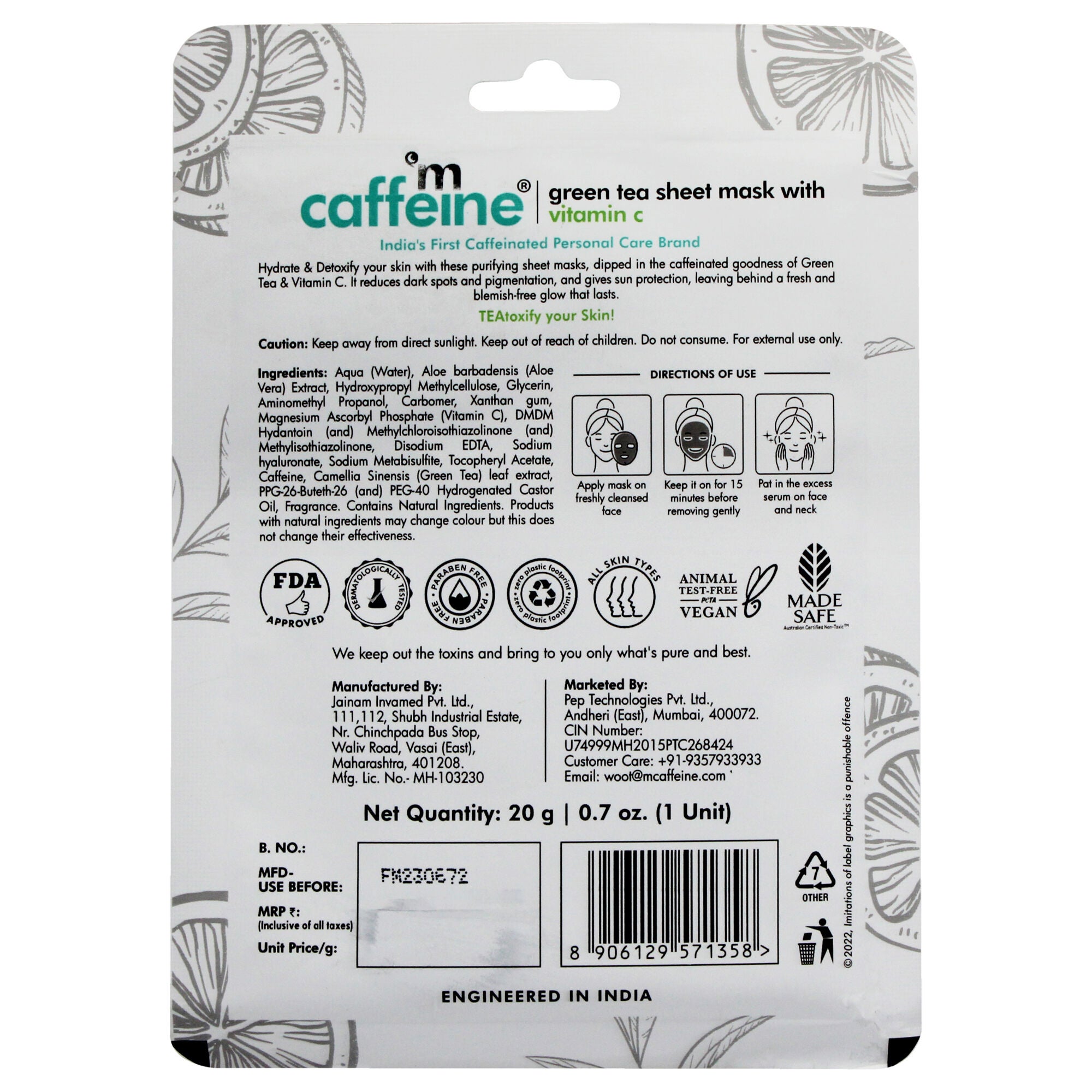 Green Tea Sheet Mask with Vitamin C by mCaffeine for Unisex - 0.7 oz Mask, See Description, alternate image number 2