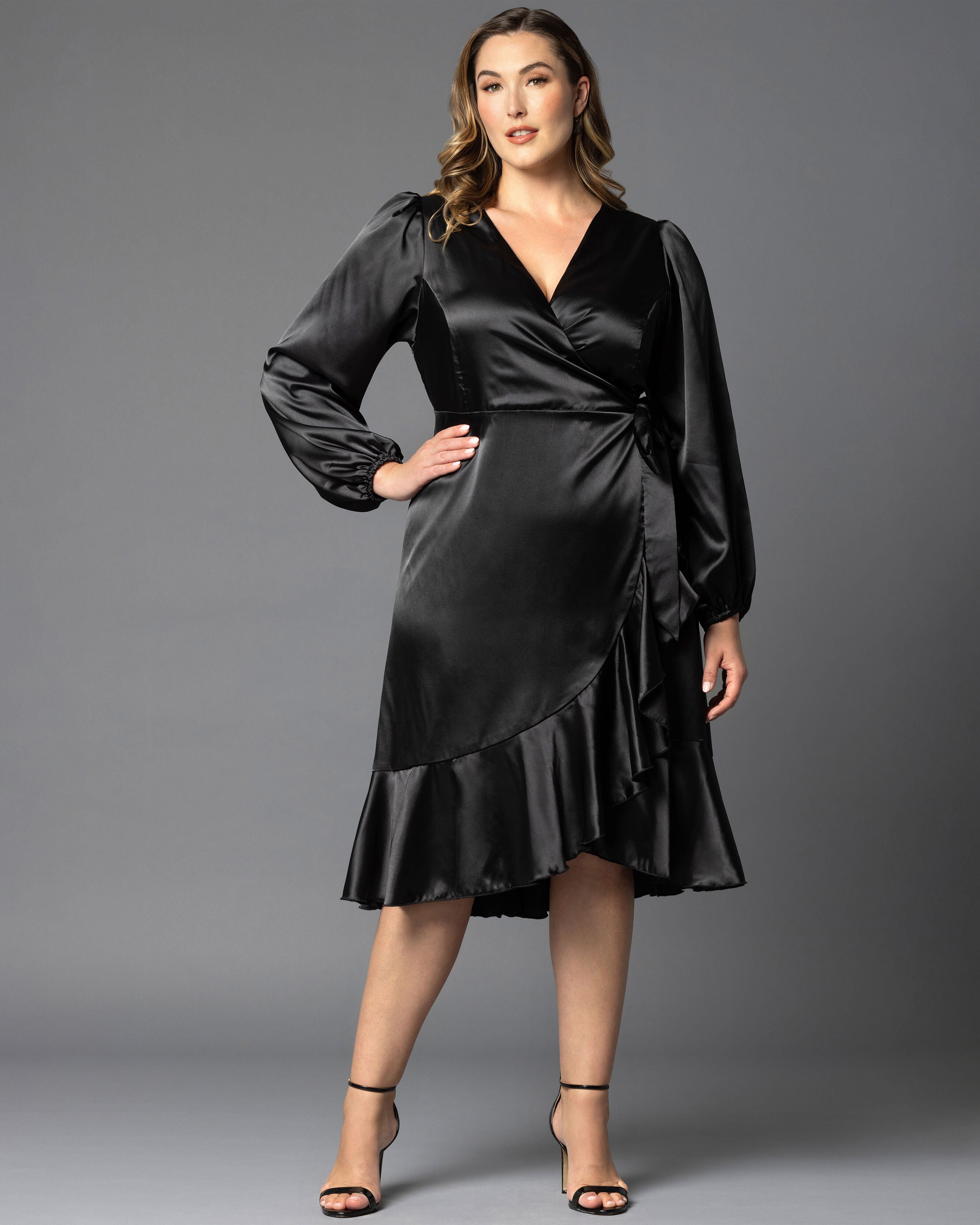 Serena Satin Ruffle Wrap Dress, ONYX / Black, alternate image number 3