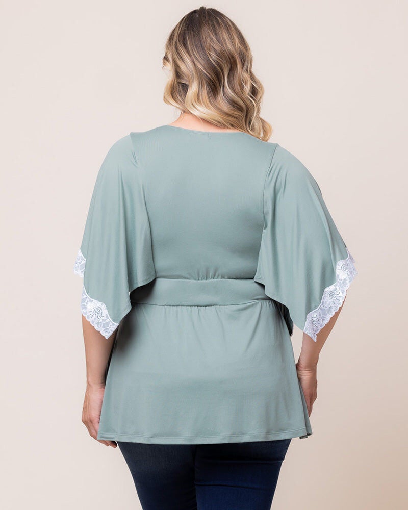 Sarah Lace Trim V-Neck Top, Thyme, alternate image number 1