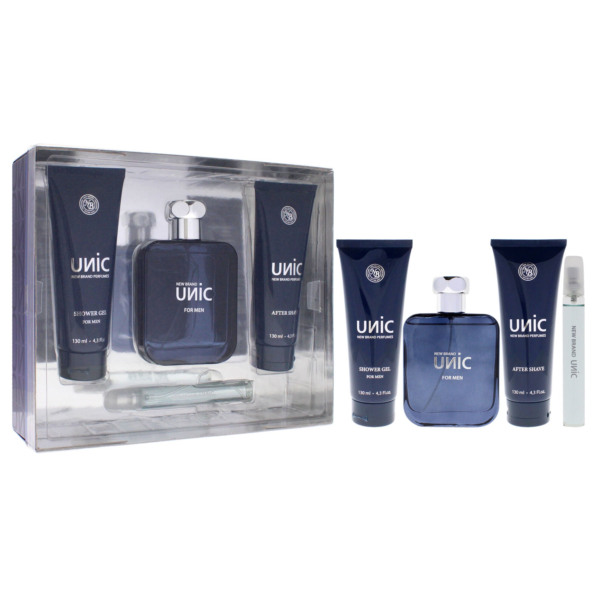 Unic by New Brand for Men - 4 Pc Gift Set 3.3oz EDT Spray, 0.5oz EDT Spray, 4.3oz Shower Gel, 4.3oz After Shave, See Description, alternate image number 1