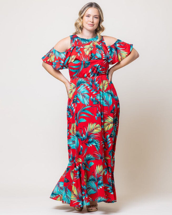Piper Cold Shoulder Maxi Dress, Red Palm Print, alternate image number null