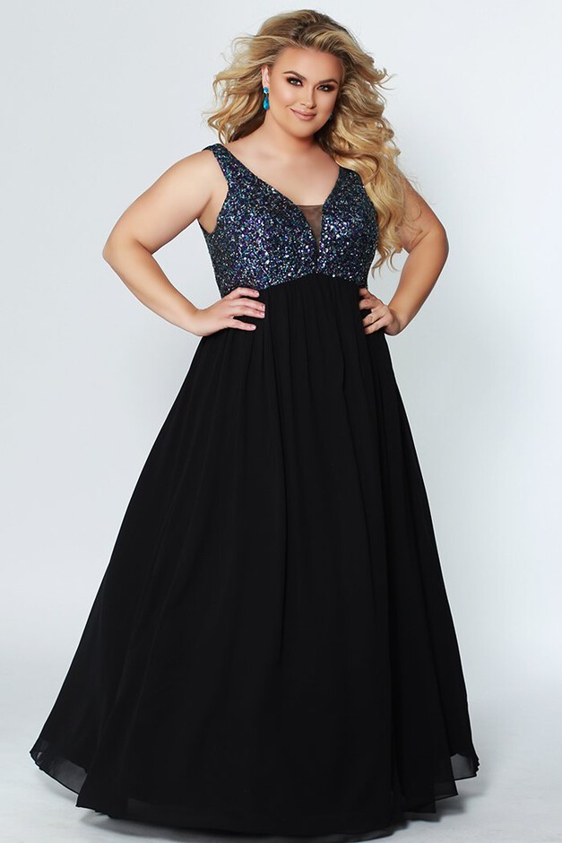 Starry Night Evening Dress Multi Color Sequin and Black Chiffon Plus Size  Empire Gown