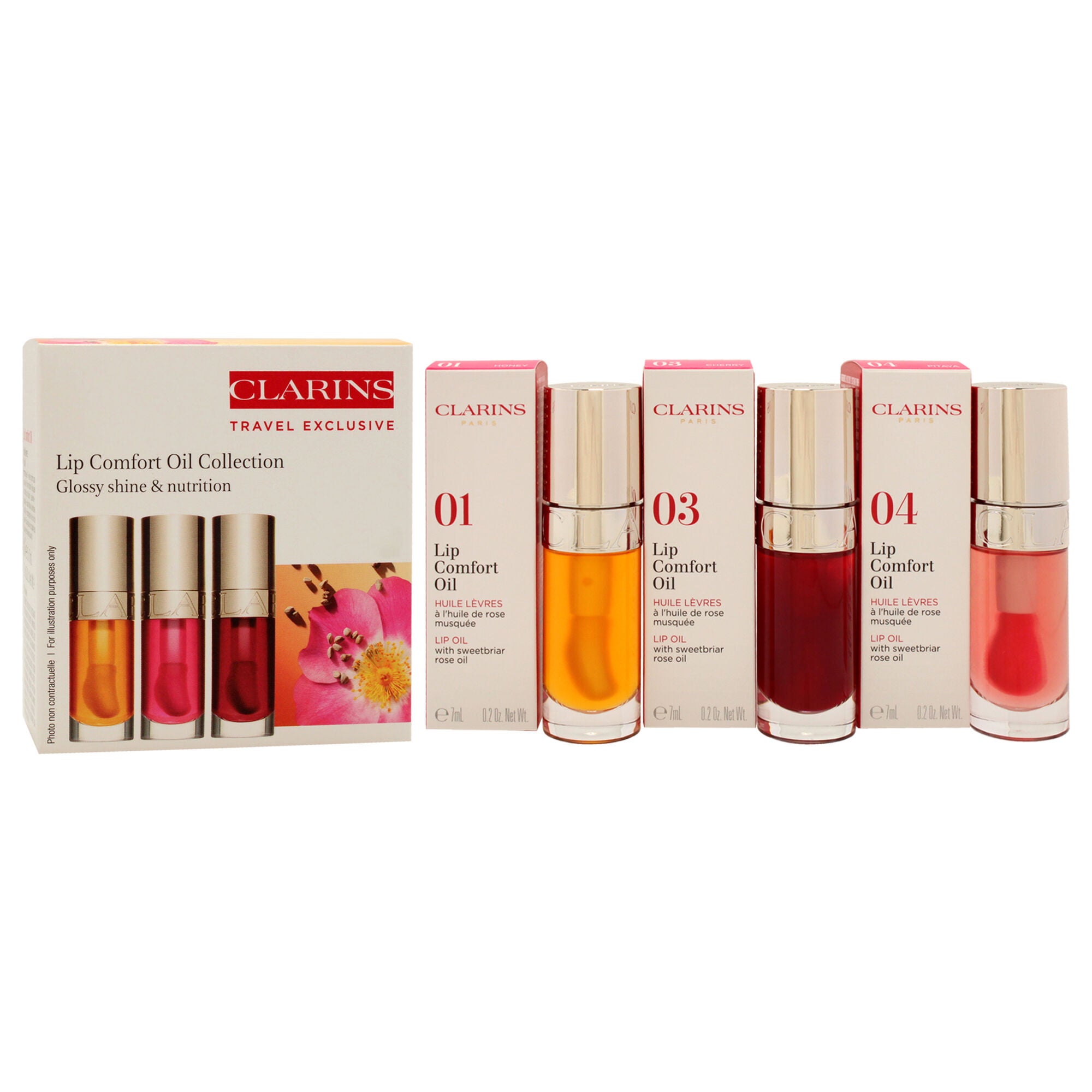 Lip Comfort Oil Collection by Clarins for Women - 3 x 0.2 oz Lip Oil - 01 Honey, Lip Oil - 03 Cherry, Lip Oil - 04 Pitaya, See Description, alternate image number 2