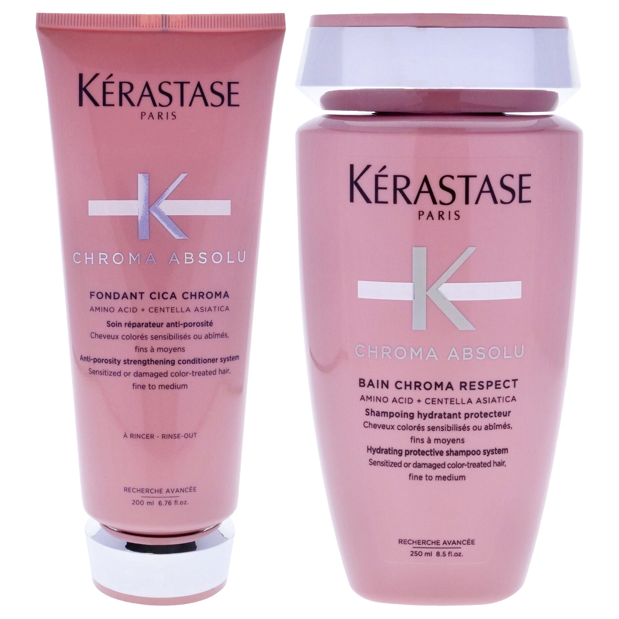 Chroma Absolu Kit by Kerastase for Unisex - 2 Pc Kit 6.8oz Chroma Absolu Fondant Cica Conditioner, 8.4oz Chroma Absolu Moisturizing Protective System Shampoo, White, hi-res image number 0