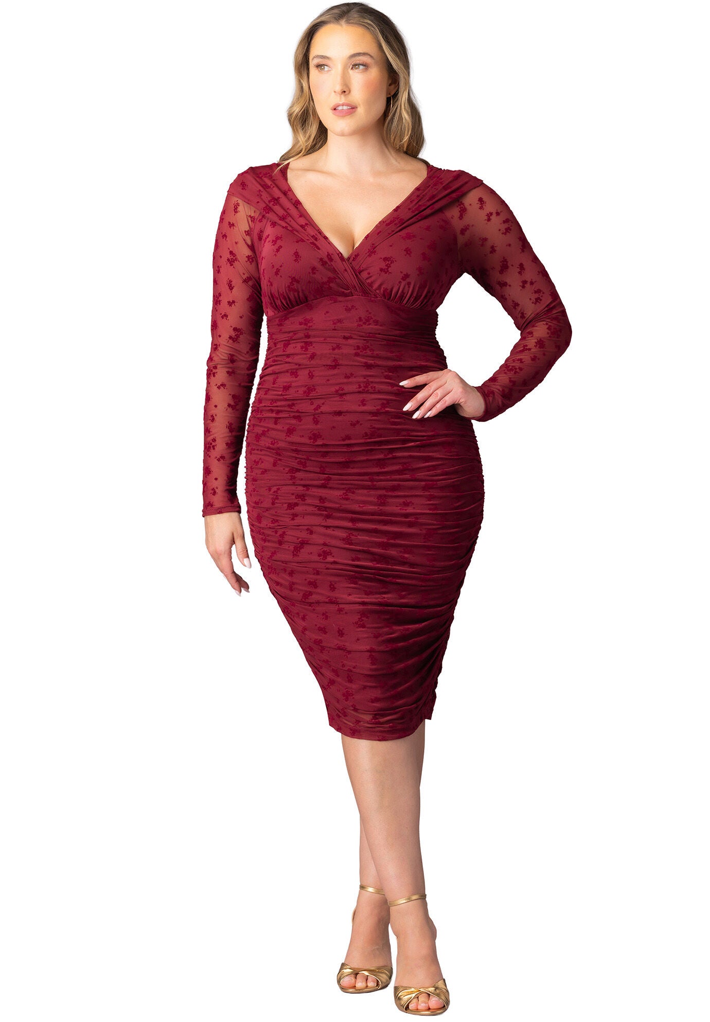 Betsey Ruched Dress, Burgundy Flocked Florals / Burgundy, hi-res image number 0