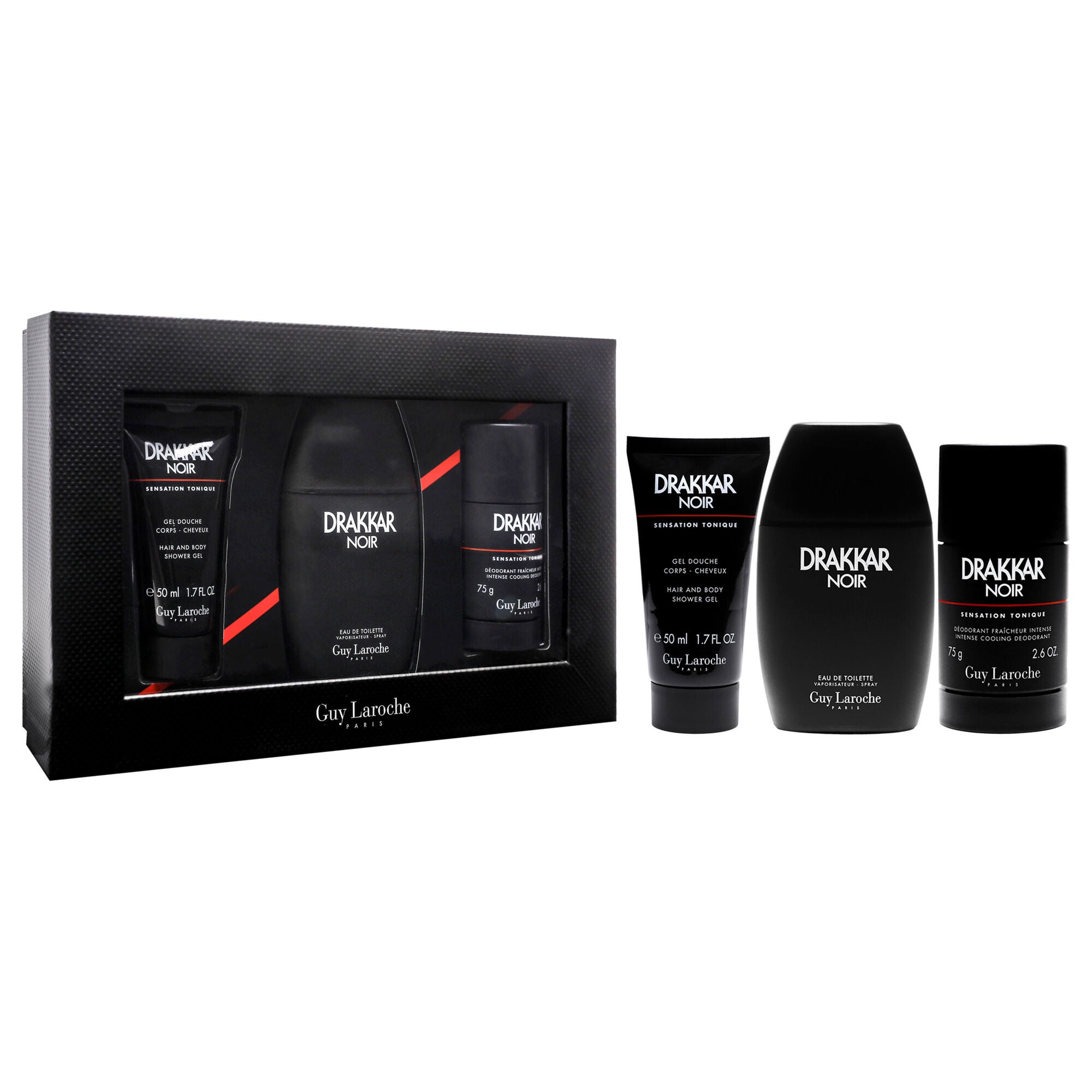 Drakkar Noir by Guy Laroche for Men - 3 Pc Gift Set 2021 - 3.4oz EDT Spray, 2.6oz Deodorant Stick, 1.7oz Shower Gel, See Description, alternate image number 1