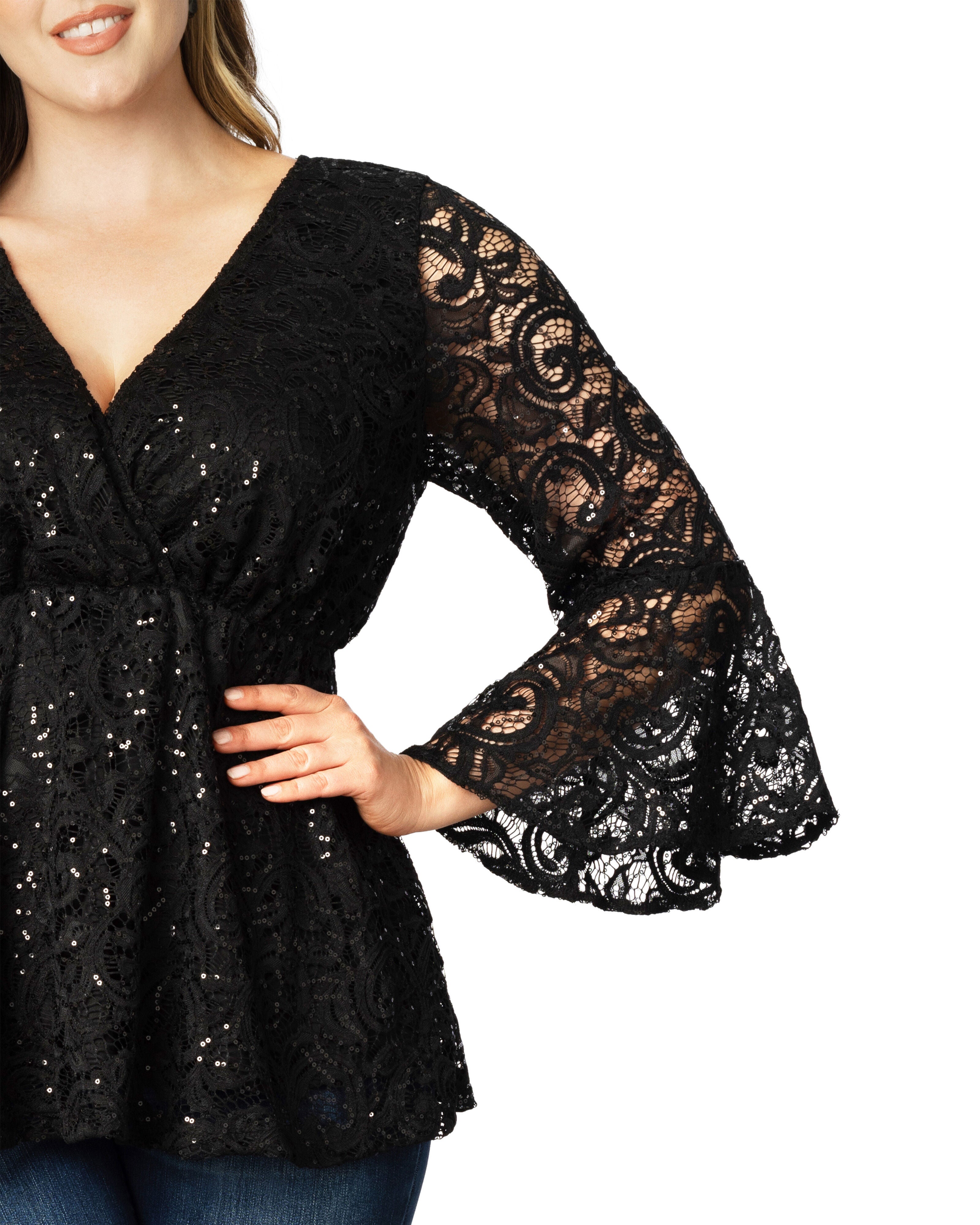 Sequin Sparkle Bell Sleeve Lace Top, ONYX / Black, alternate image number 3