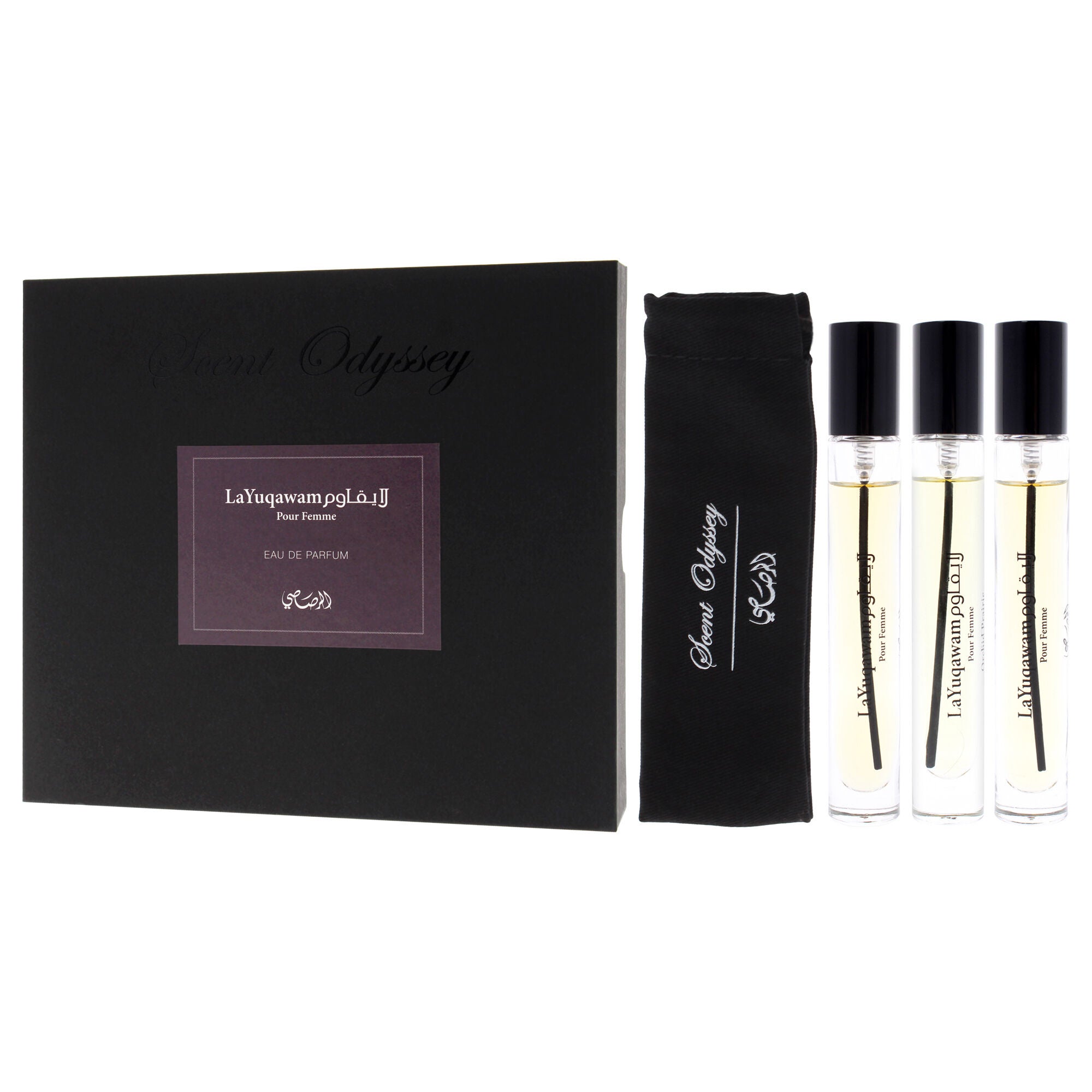 Scent Odyssey - La Yuqawam by Rasasi for Women - 3 Pc Mini Gift Set 0.25oz LaYuqawam Pour Femme EDP Spray, 0.25oz Jasmine Wisp EDP Spray, 0.25oz Orchid Prairie EDP Spray, Clear, alternate image number 3
