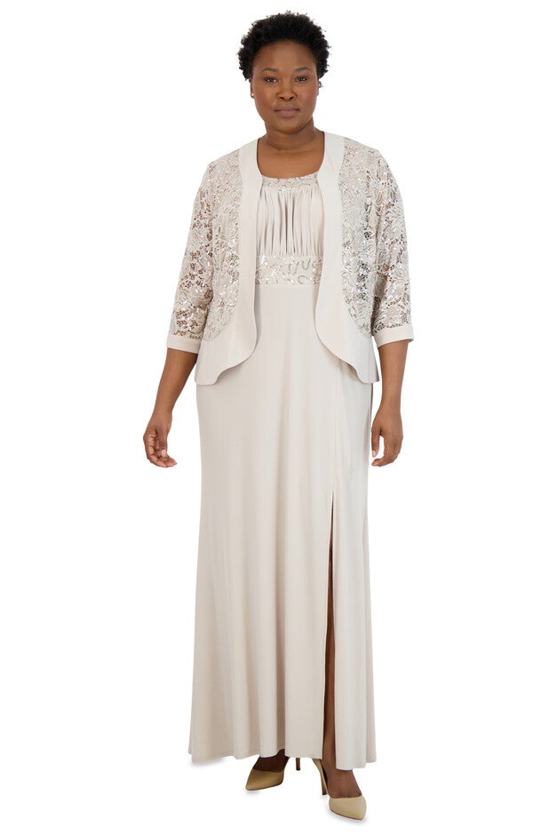Two-Piece Ruffle Front Lace Jacket Dress - Plus, Champagne, hi-res image number null