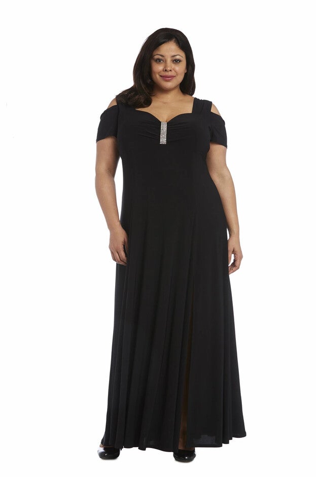 Evening Gown with Thigh Slit and Diamante Detail, Black, hi-res image number null