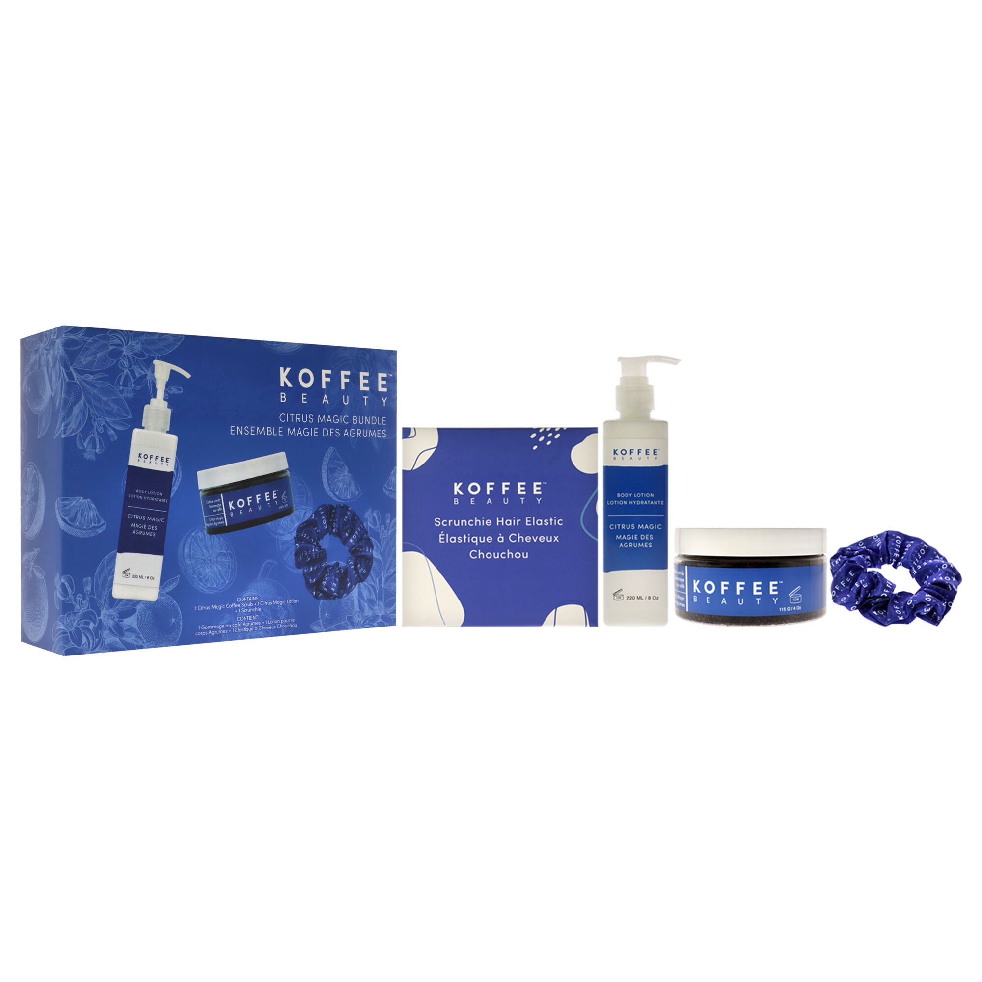 Citrus Magic Set by Koffee Beauty for Unisex - 3 Pc 4oz Citrus Magic Coffee Scrub, 8oz Citrus Magic Body Lotion, Silk Scrunchie, See Description, alternate image number 1