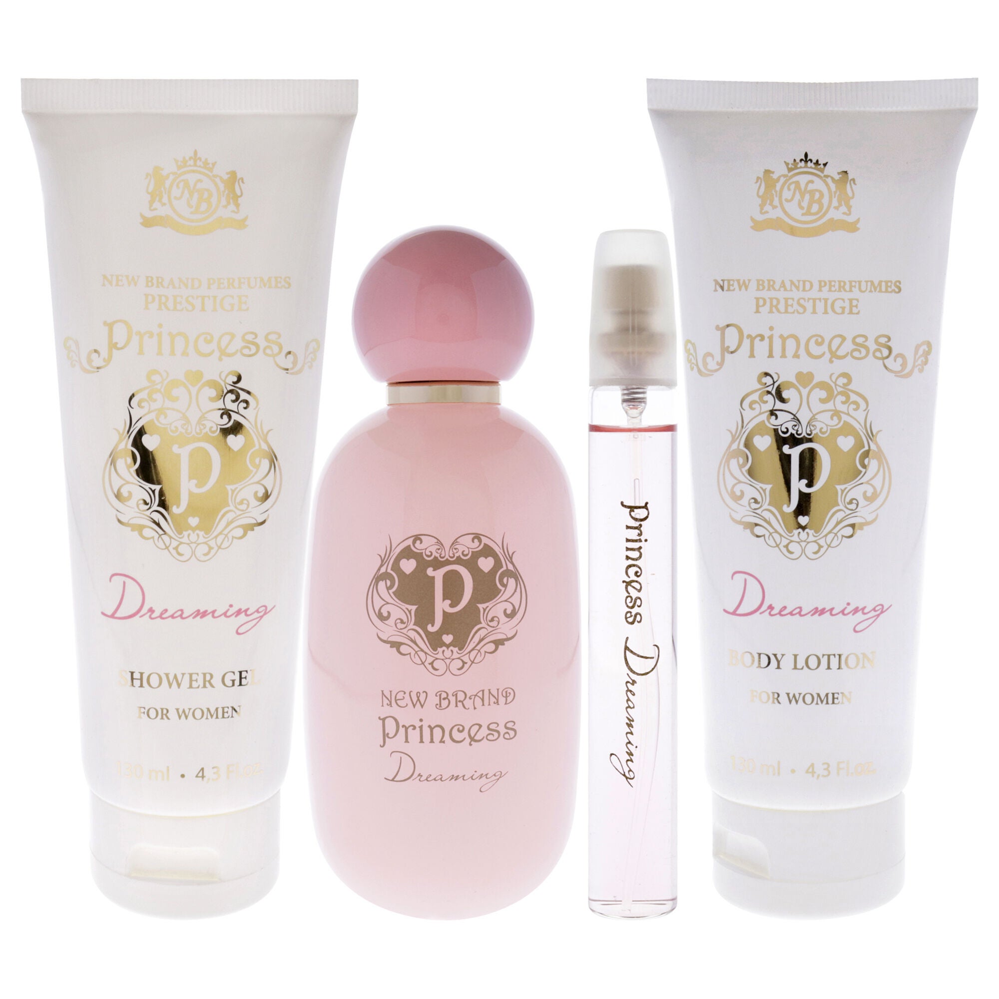 Prestige Princess Dreaming by New Brand for Women - 4 Pc Gift Set 3.3oz EDP Spray, 0.5oz EDP Spray, 4.3oz Shower Gel, 4.3oz Body Lotion, Clear, alternate image number 1