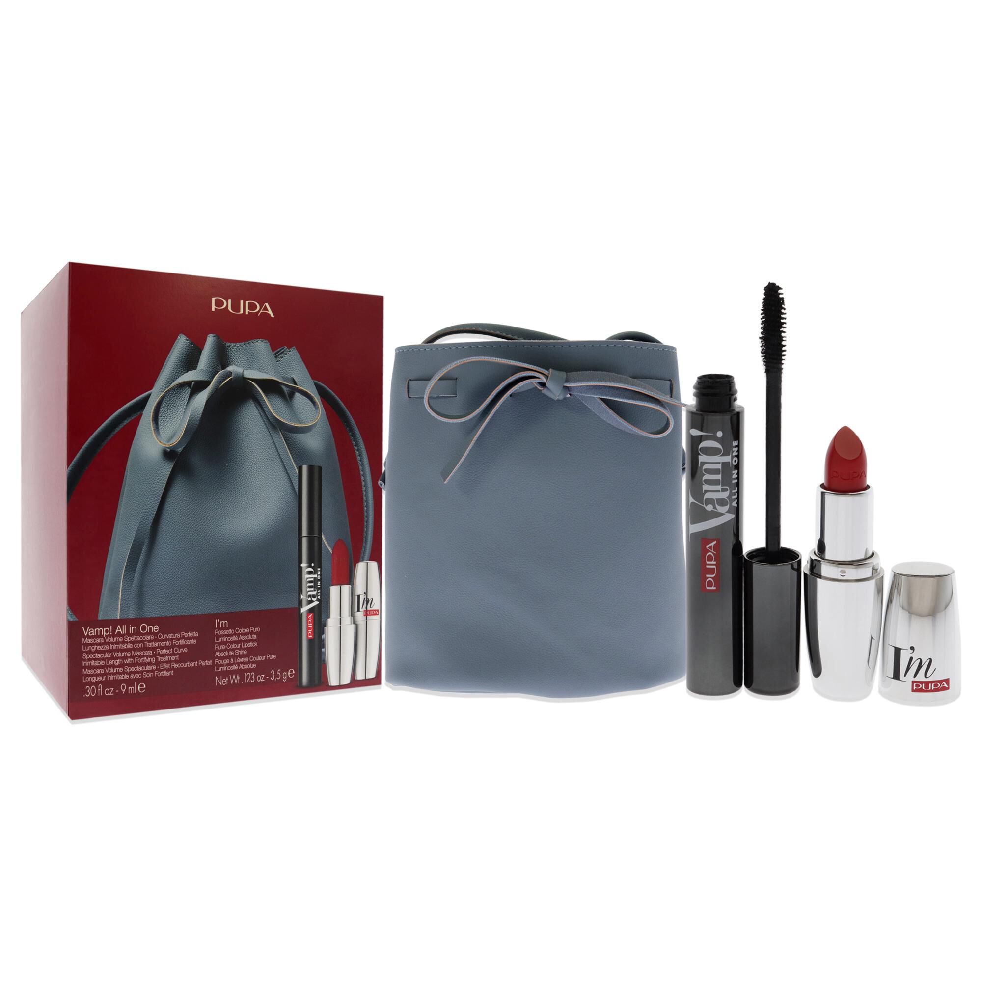 Vamp! All In One and I Am Set by Pupa Milano for Women - 3 Pc 0.30oz amp! All In One Mascara - 101 Black, 0.123oz Lipstick - 303, Bucket Bag, See Description, alternate image number 1
