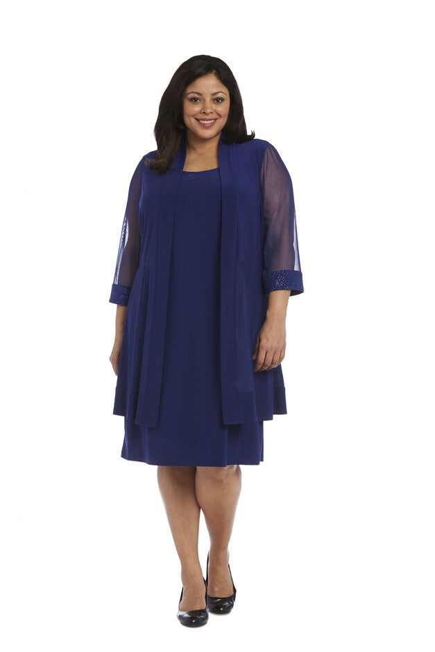 Relaxed-Fit Shift Dress with Sparkling Neckline and Soft Jacket with Sheer Inserts, Royal Blue, hi-res image number null