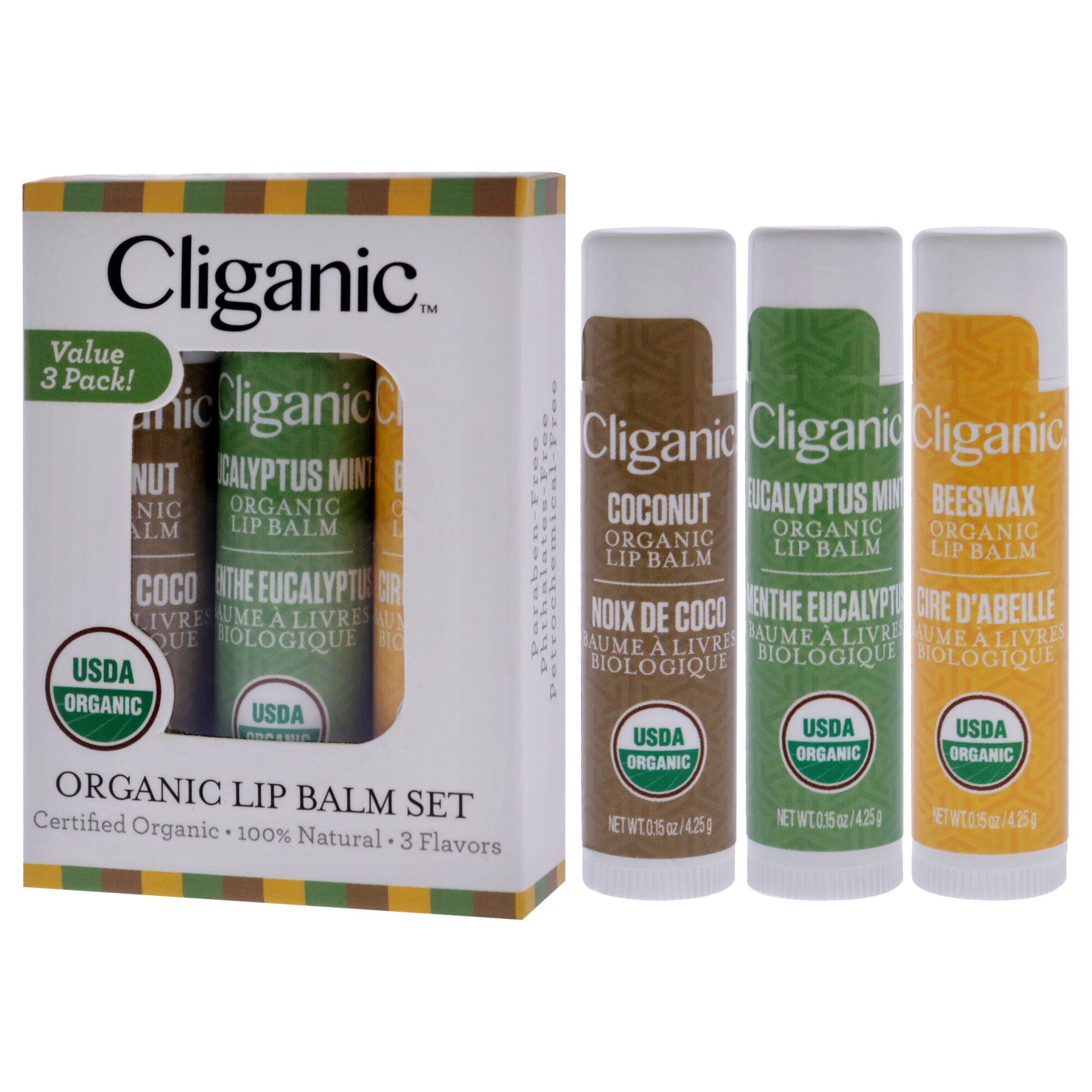 Organic Lip Balm Set by Cliganic for Unisex - 3 Pc 0.15oz Lip Balm - Beeswax, 0.15oz Lip Balm - Eucalyptus Mint, 0.15oz Lip Balm - Coconut, See Description, alternate image number 3
