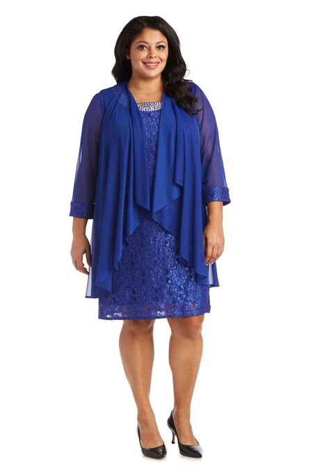 Lace Shift and Sheer Jacket Set with Pearl Embellishments, Royal Blue, hi-res image number null