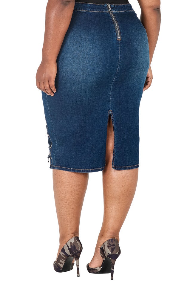 Plus Size Curvy Womens High Waist Double Split Denim Pencil Skirt, , alternate image number null